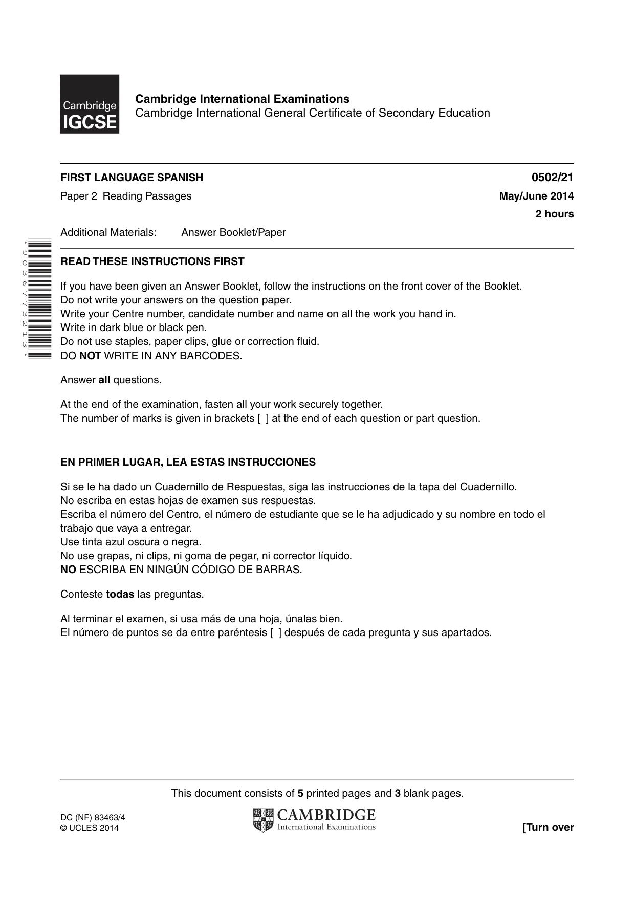 Cambridge IGCSE Spanish - First Language 0502 2014 May/June Paper 2 · Variant 1 question paper, page 1 of 8