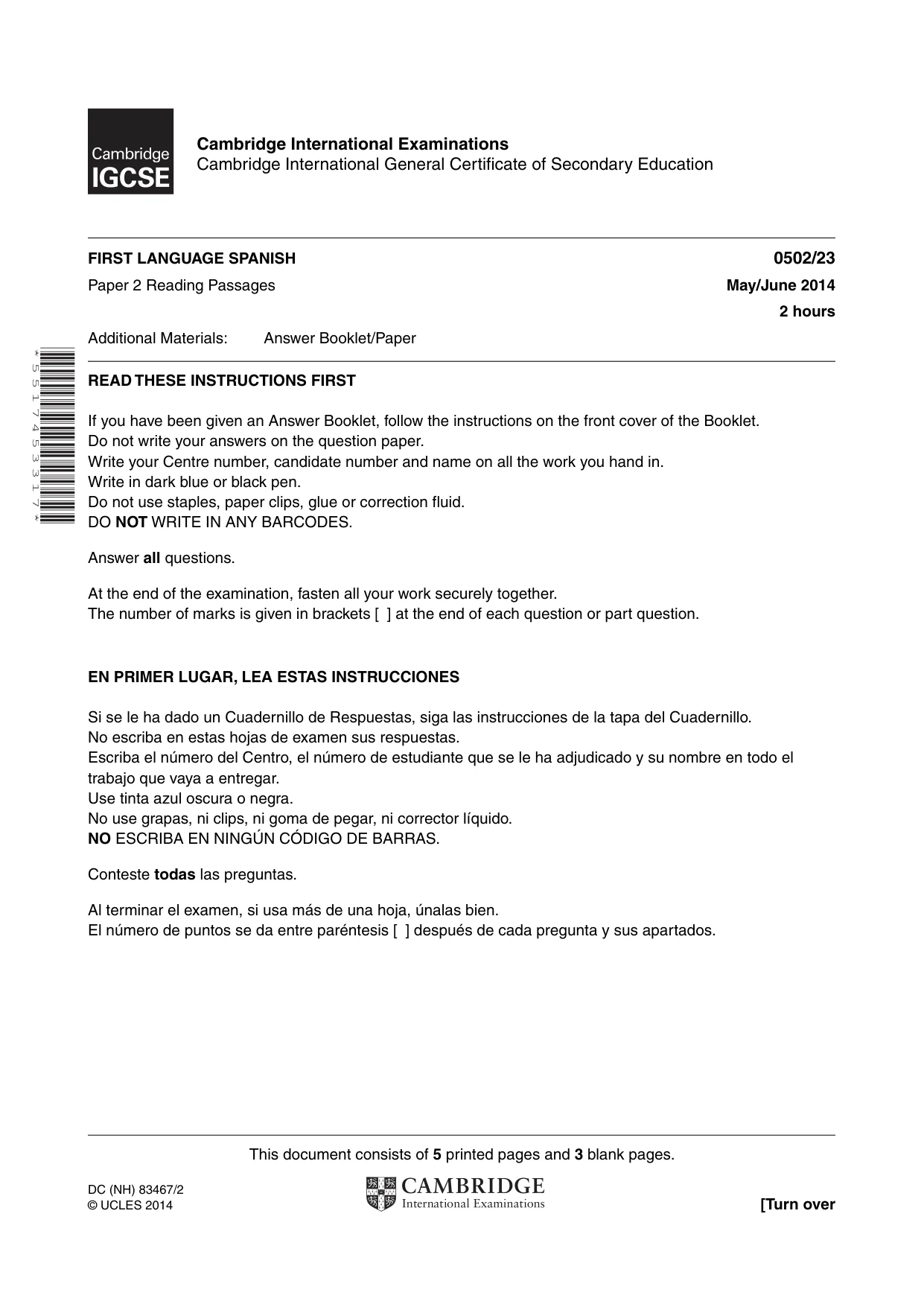 Cambridge IGCSE Spanish - First Language 0502 2014 May/June Paper 2 · Variant 3 question paper, page 1 of 8