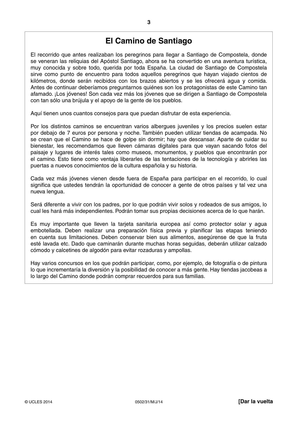 Cambridge IGCSE Spanish - First Language 0502 2014 May/June Paper 3 · Variant 1 question paper, page 3 of 4