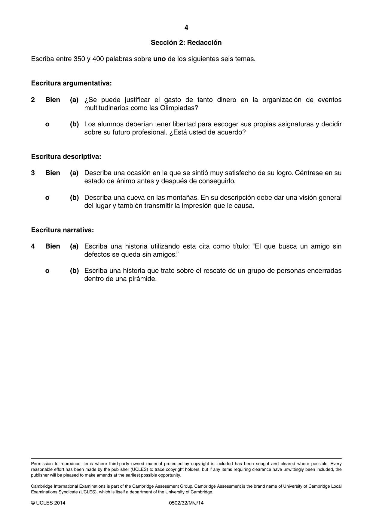 Cambridge IGCSE Spanish - First Language 0502 2014 May/June Paper 3 · Variant 2 question paper, page 4 of 4