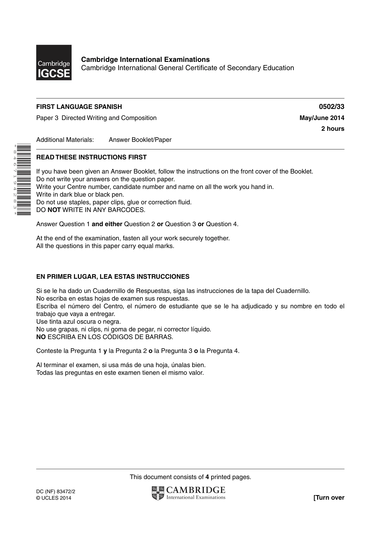 Cambridge IGCSE Spanish - First Language 0502 2014 May/June Paper 3 · Variant 3 question paper, page 1 of 4