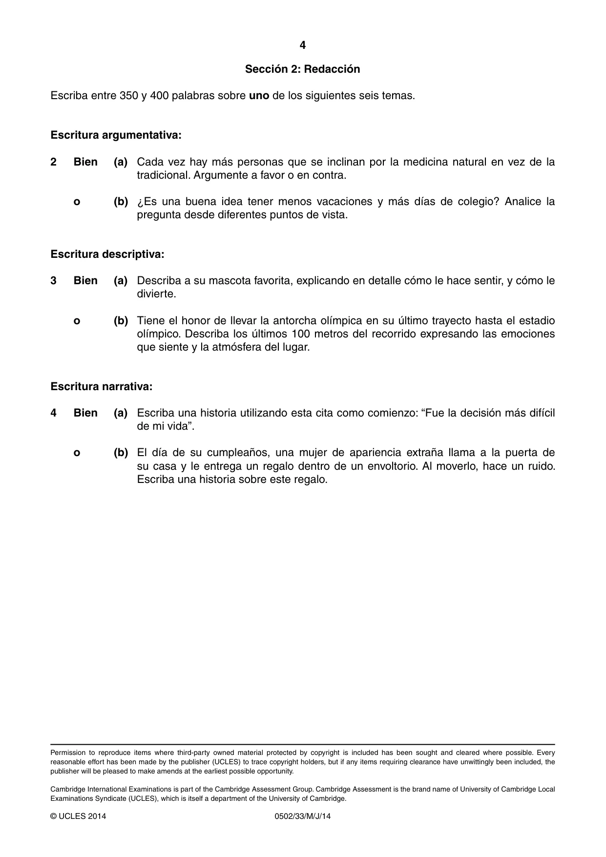 Cambridge IGCSE Spanish - First Language 0502 2014 May/June Paper 3 · Variant 3 question paper, page 4 of 4
