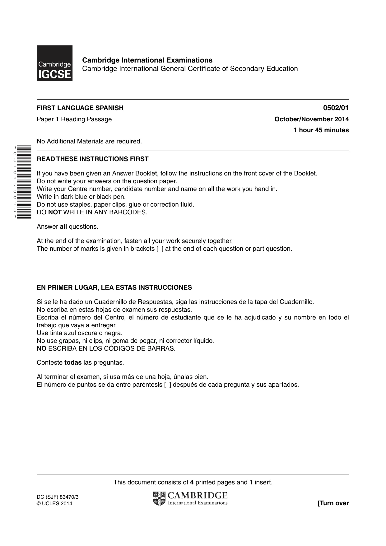 Cambridge IGCSE Spanish - First Language 0502 2014 Oct/Nov Paper 1 · Variant 1 question paper, page 1 of 4