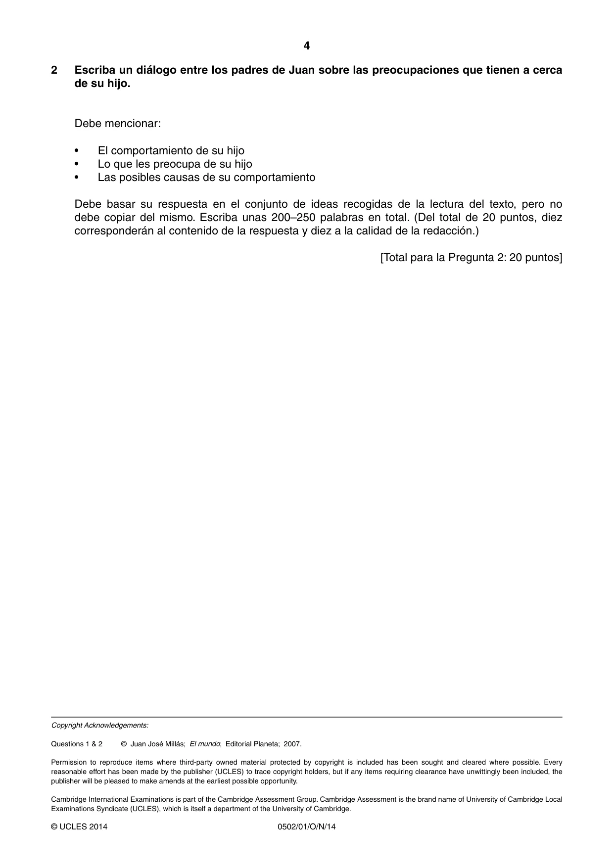 Cambridge IGCSE Spanish - First Language 0502 2014 Oct/Nov Paper 1 · Variant 1 question paper, page 4 of 4
