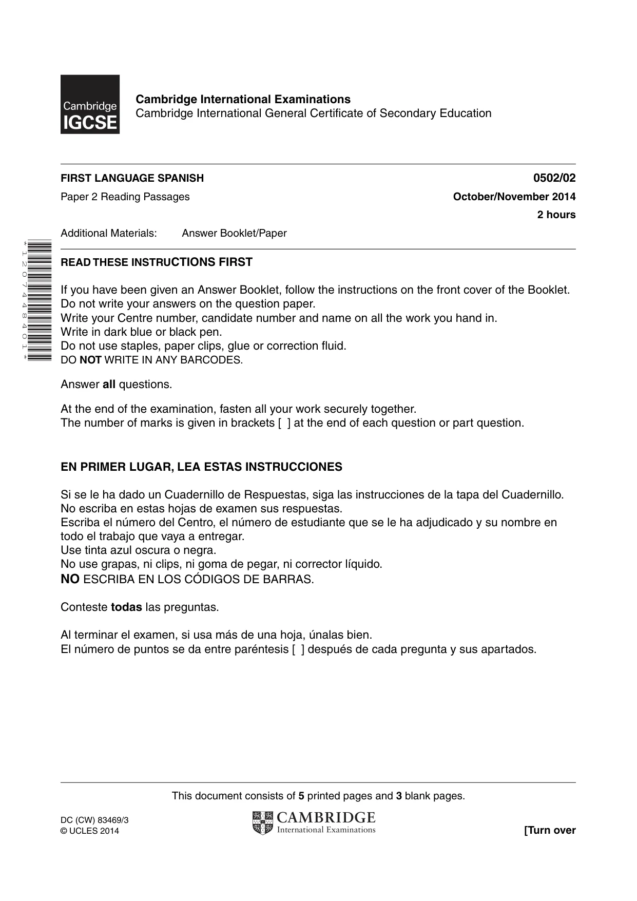 Cambridge IGCSE Spanish - First Language 0502 2014 Oct/Nov Paper 2 · Variant 1 question paper, page 1 of 8