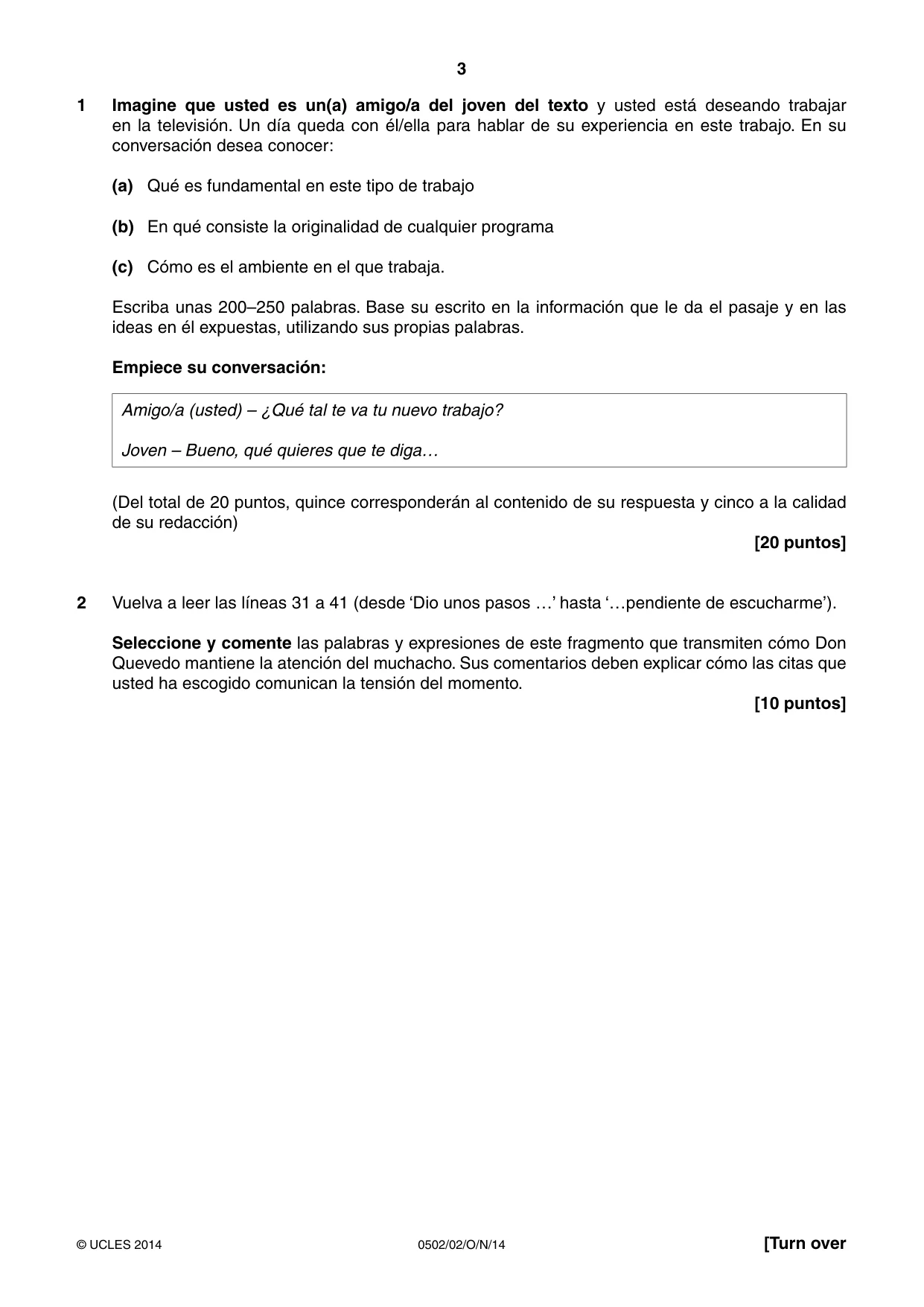 Cambridge IGCSE Spanish - First Language 0502 2014 Oct/Nov Paper 2 · Variant 1 question paper, page 3 of 8