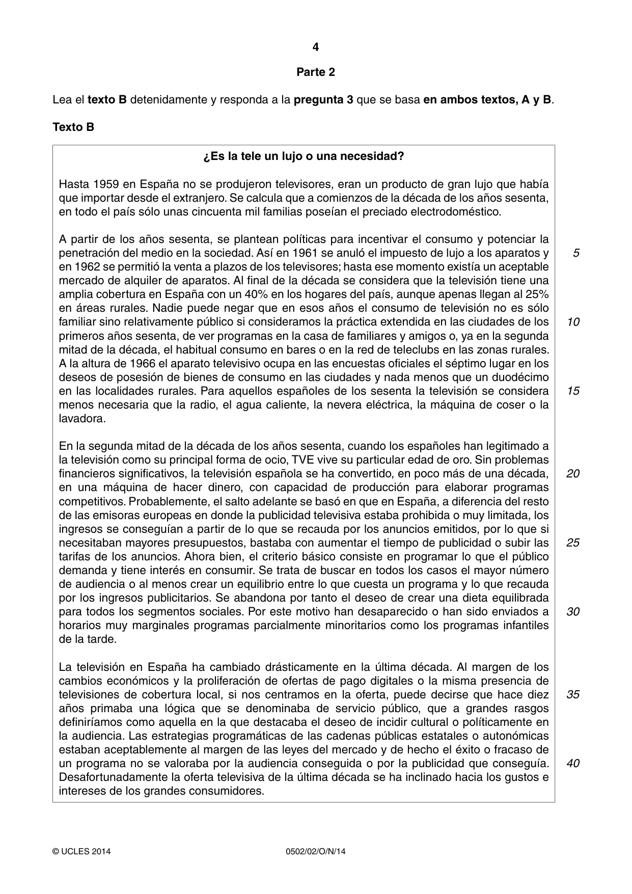 Cambridge IGCSE Spanish - First Language 0502 2014 Oct/Nov Paper 2 · Variant 1 question paper, page 4 of 8