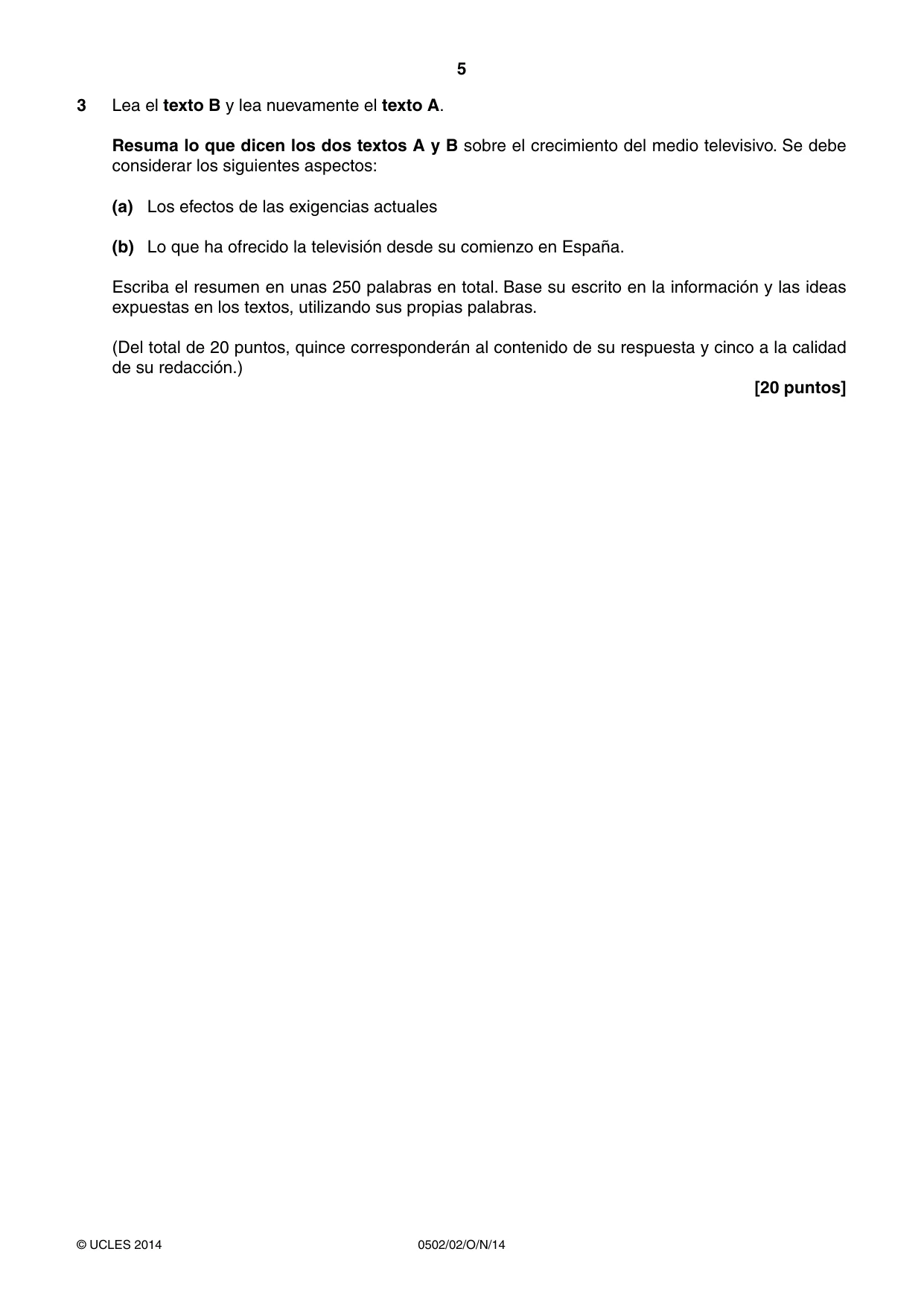 Cambridge IGCSE Spanish - First Language 0502 2014 Oct/Nov Paper 2 · Variant 1 question paper, page 5 of 8