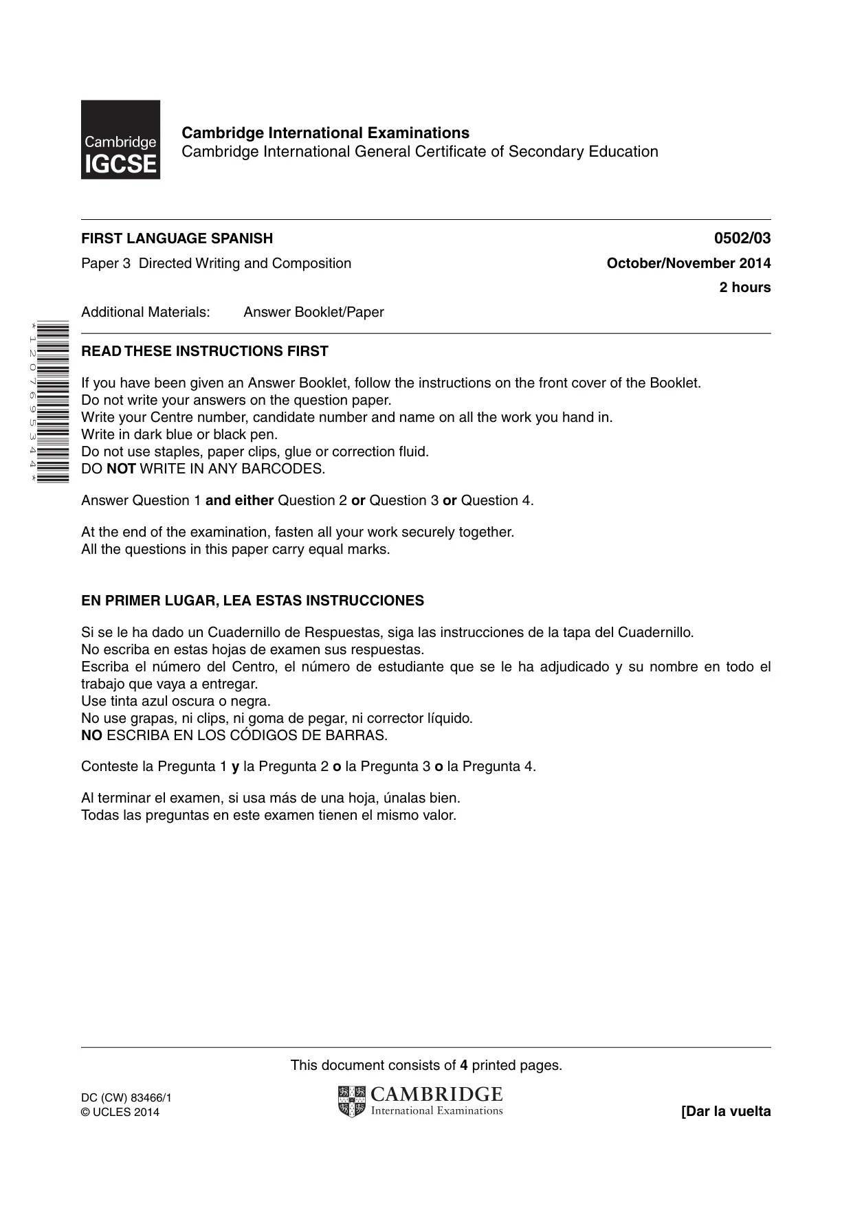 Cambridge IGCSE Spanish - First Language 0502 2014 Oct/Nov Paper 3 · Variant 1 question paper, page 1 of 4