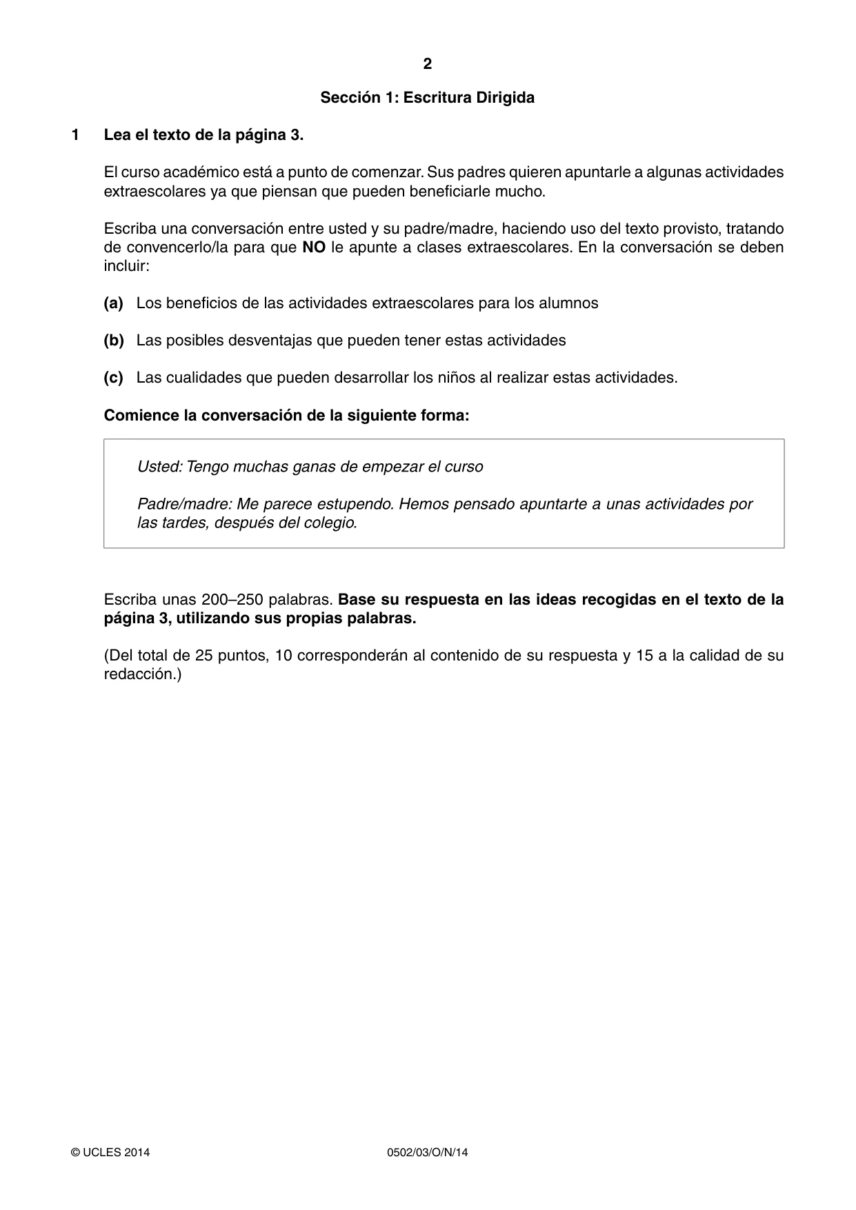 Cambridge IGCSE Spanish - First Language 0502 2014 Oct/Nov Paper 3 · Variant 1 question paper, page 2 of 4