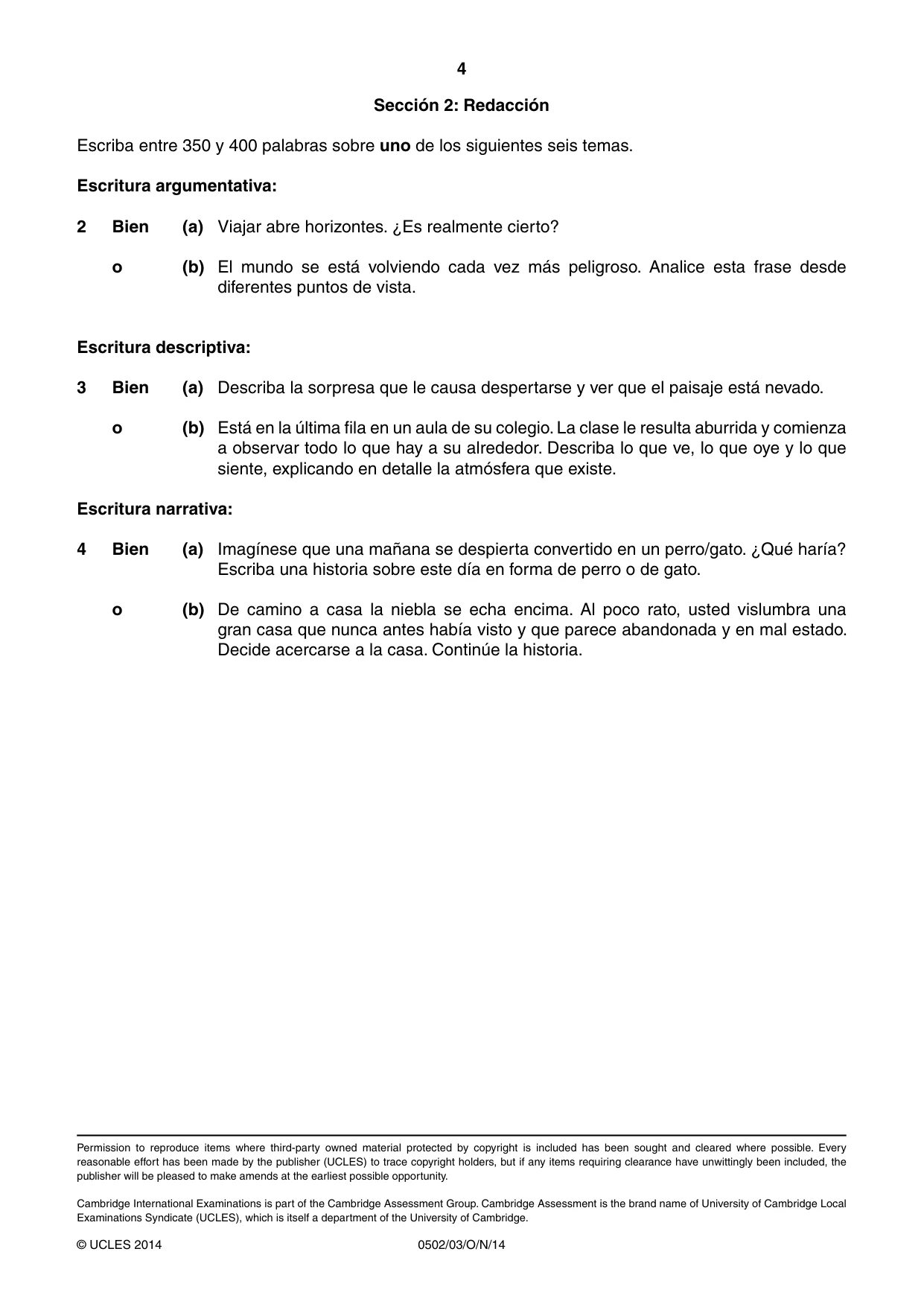 Cambridge IGCSE Spanish - First Language 0502 2014 Oct/Nov Paper 3 · Variant 1 question paper, page 4 of 4