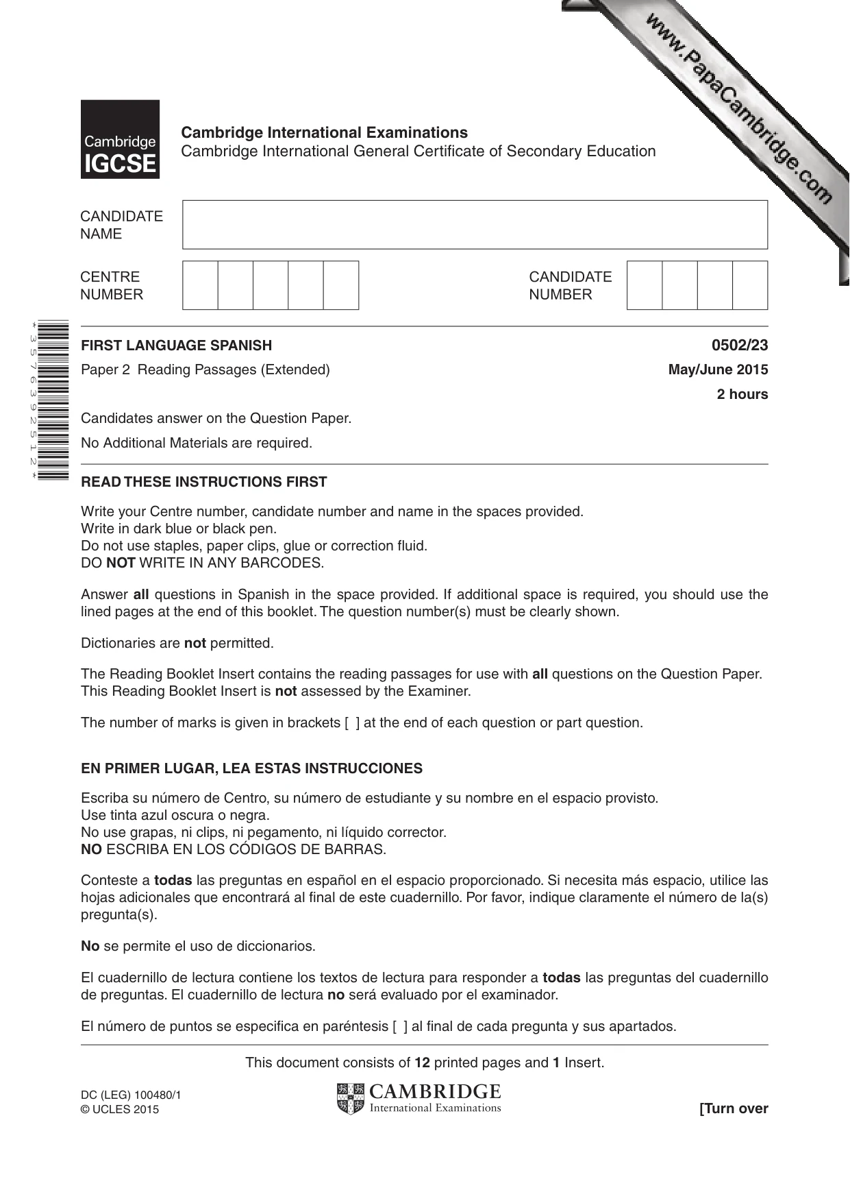 Cambridge IGCSE Spanish - First Language 0502 2015 May/June Paper 2 · Variant 3 question paper, page 1 of 12