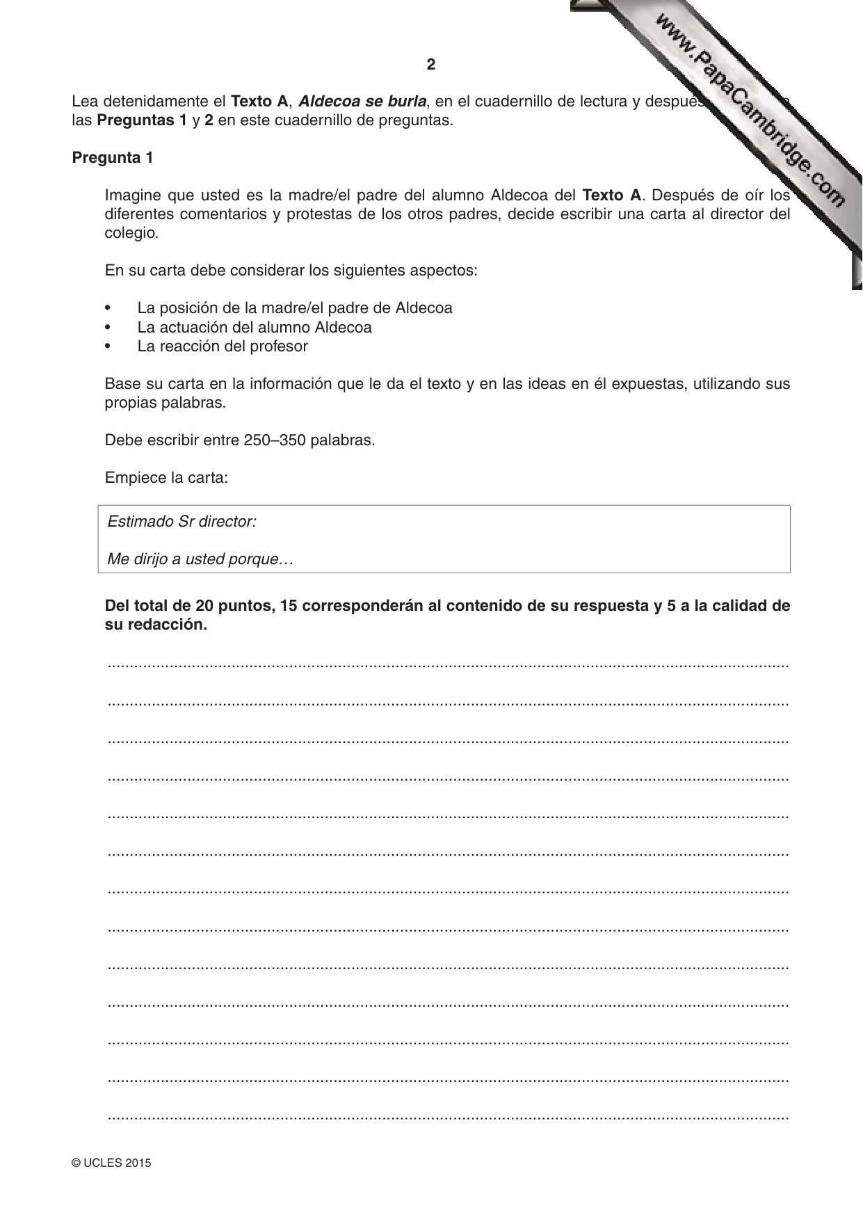 Cambridge IGCSE Spanish - First Language 0502 2015 May/June Paper 2 · Variant 3 question paper, page 2 of 12