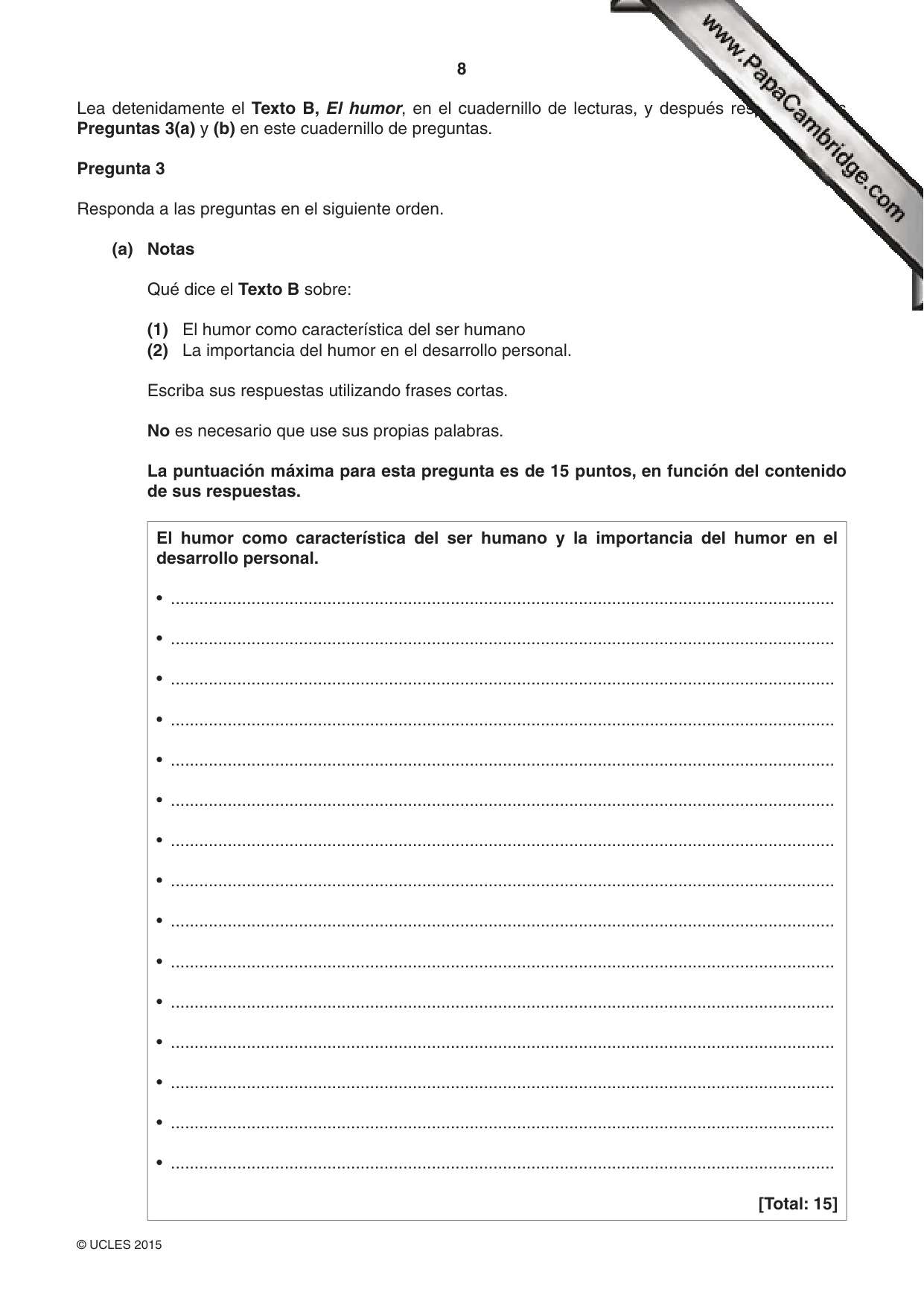 Cambridge IGCSE Spanish - First Language 0502 2015 May/June Paper 2 · Variant 3 question paper, page 8 of 12