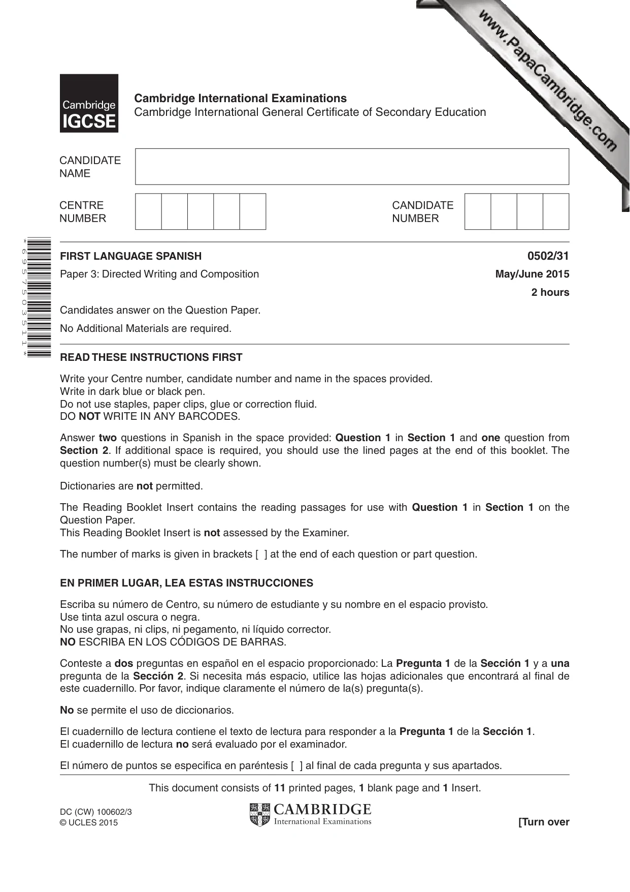 Cambridge IGCSE Spanish - First Language 0502 2015 May/June Paper 3 · Variant 1 question paper, page 1 of 12