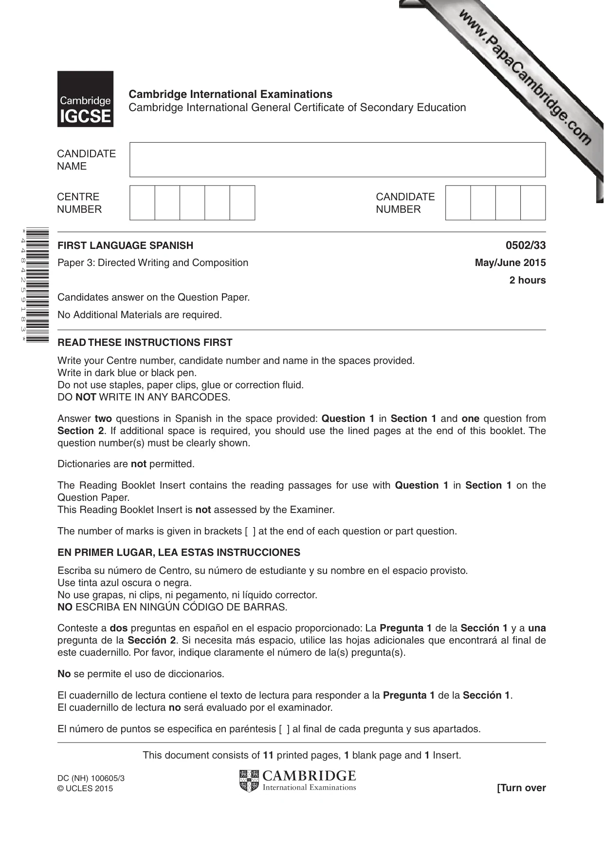 Cambridge IGCSE Spanish - First Language 0502 2015 May/June Paper 3 · Variant 3 question paper, page 1 of 12