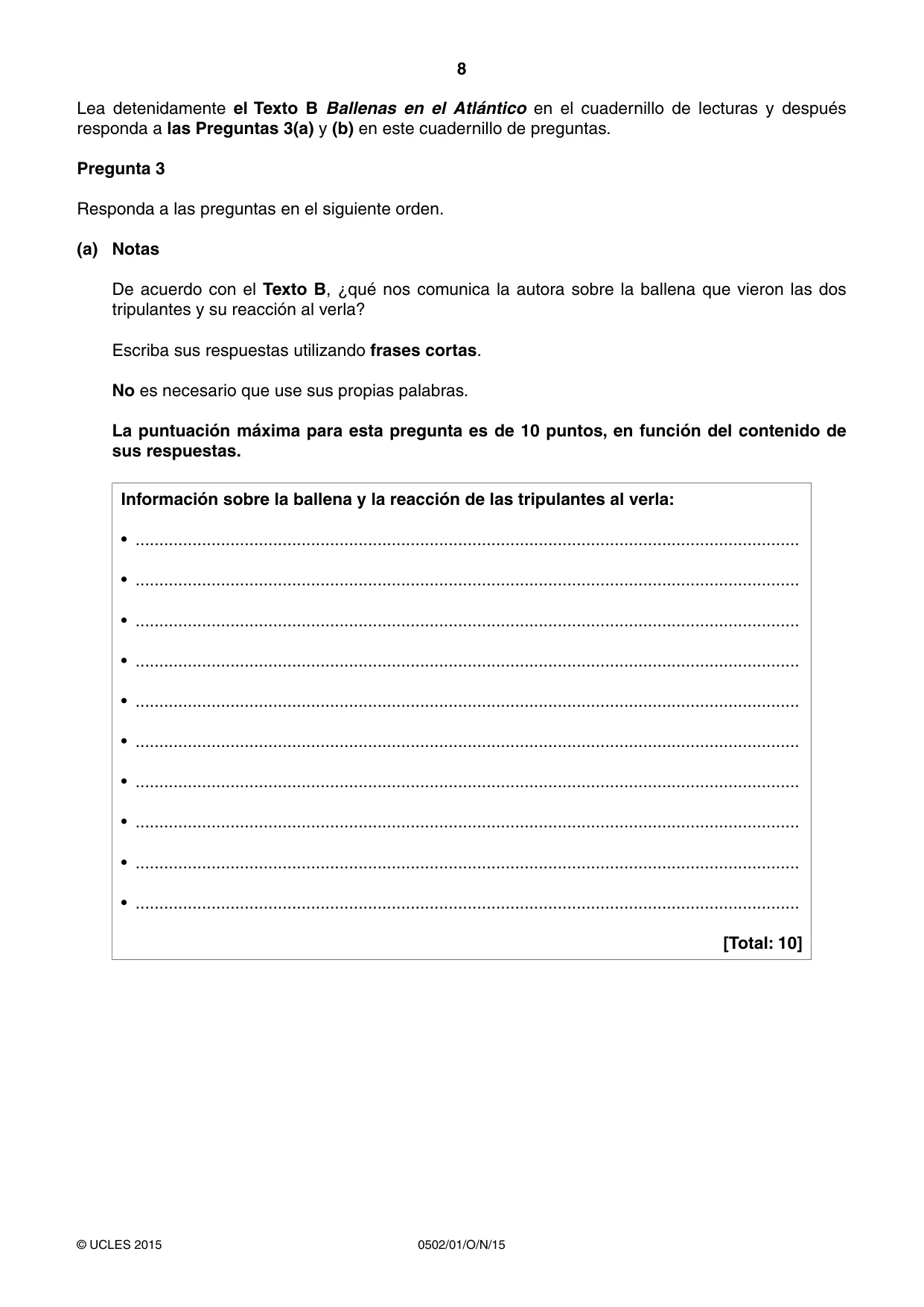Cambridge IGCSE Spanish - First Language 0502 2015 Oct/Nov Paper 1 · Variant 1 question paper, page 8 of 12