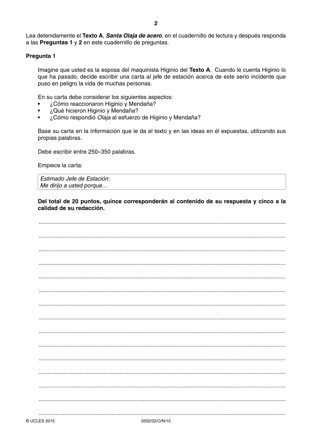 Cambridge IGCSE Spanish - First Language 0502 2015 Oct/Nov Paper 2 · Variant 1 question paper, page 2 of 12