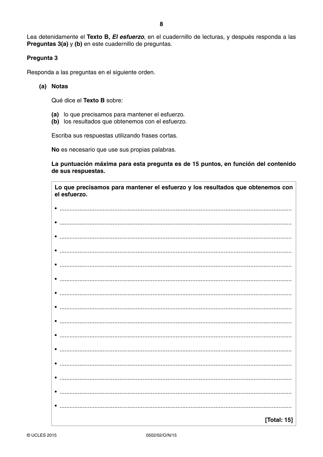 Cambridge IGCSE Spanish - First Language 0502 2015 Oct/Nov Paper 2 · Variant 1 question paper, page 8 of 12
