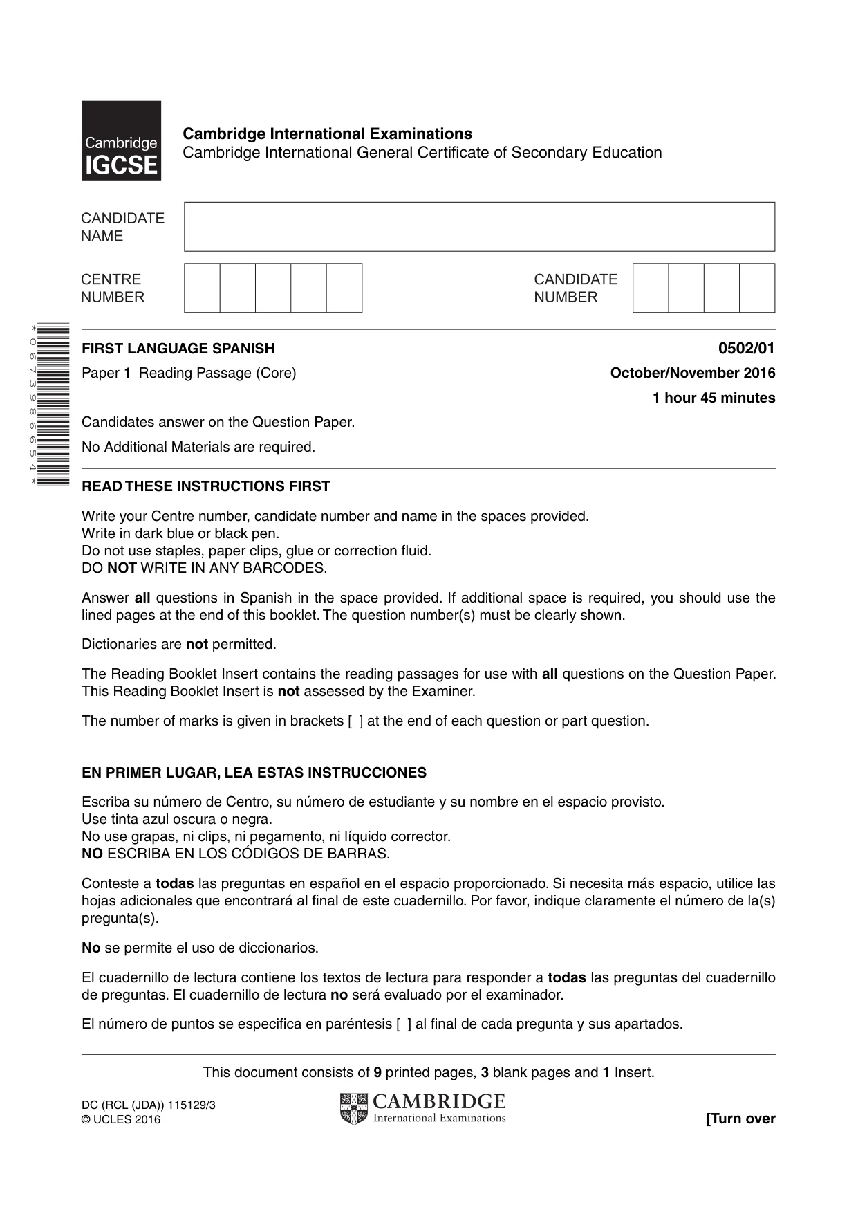 Cambridge IGCSE Spanish - First Language 0502 2016 Oct/Nov Paper 1 · Variant 1 question paper, page 1 of 12