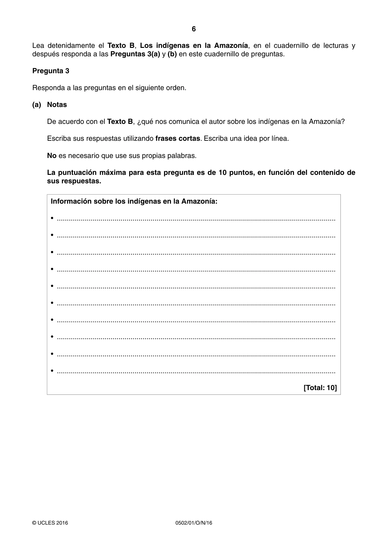 Cambridge IGCSE Spanish - First Language 0502 2016 Oct/Nov Paper 1 · Variant 1 question paper, page 6 of 12