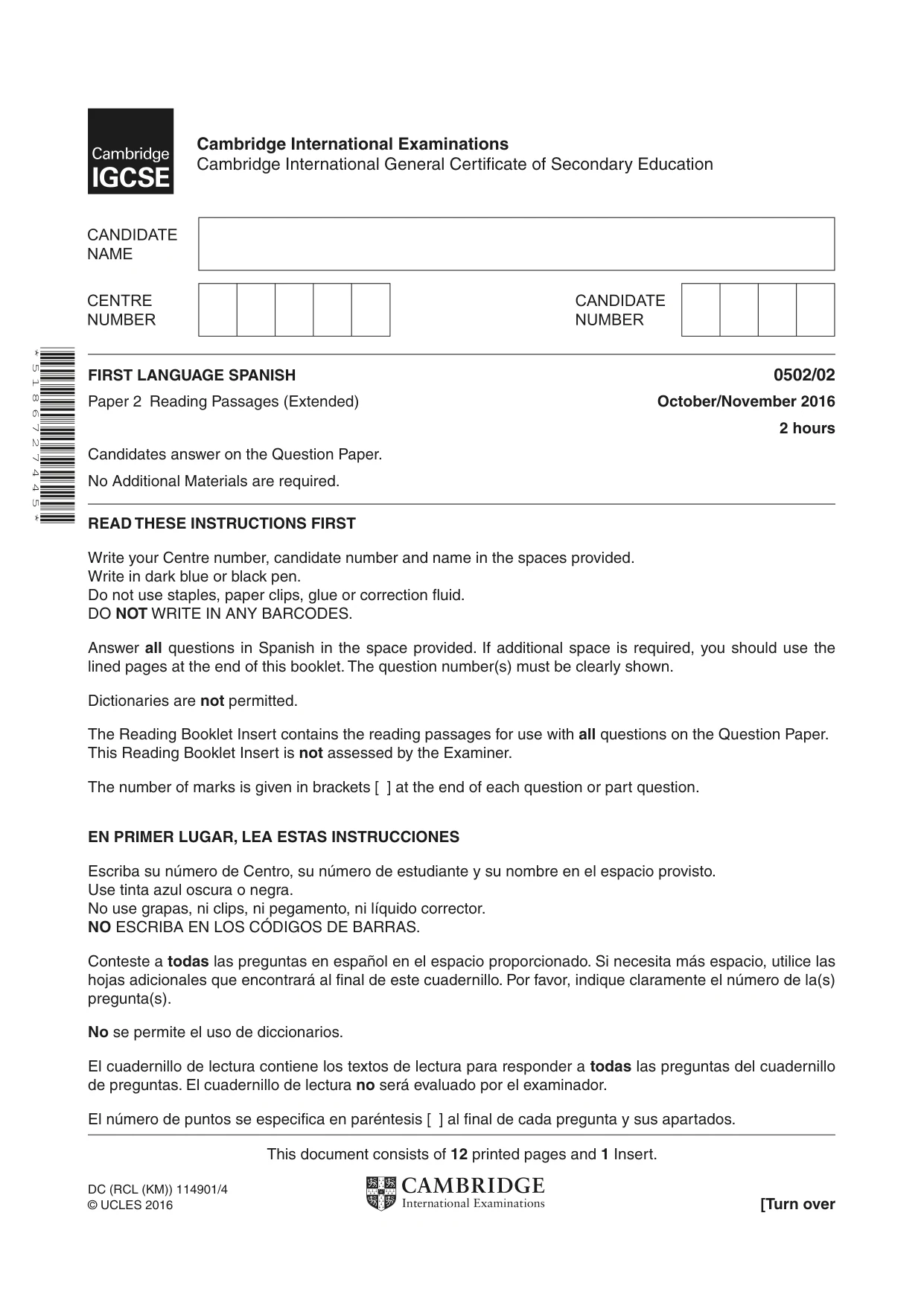 Cambridge IGCSE Spanish - First Language 0502 2016 Oct/Nov Paper 2 · Variant 1 question paper, page 1 of 12