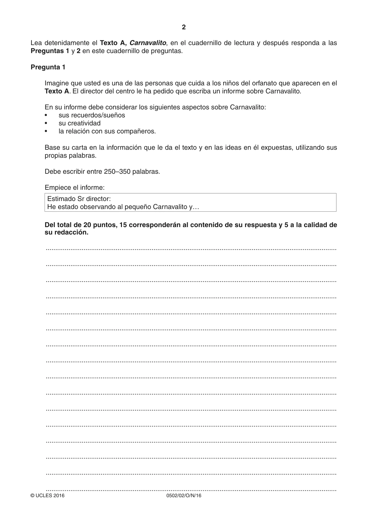 Cambridge IGCSE Spanish - First Language 0502 2016 Oct/Nov Paper 2 · Variant 1 question paper, page 2 of 12