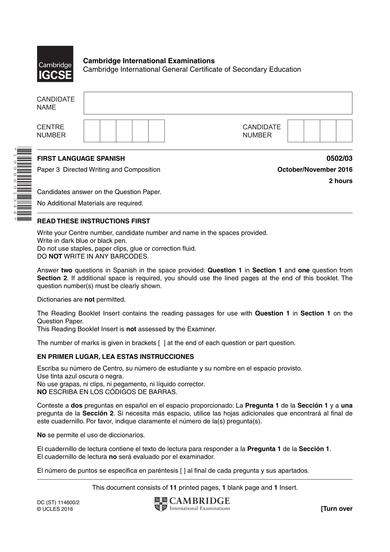 Cambridge IGCSE Spanish - First Language 0502 2016 Oct/Nov Paper 3 · Variant 1 question paper, page 1 of 12