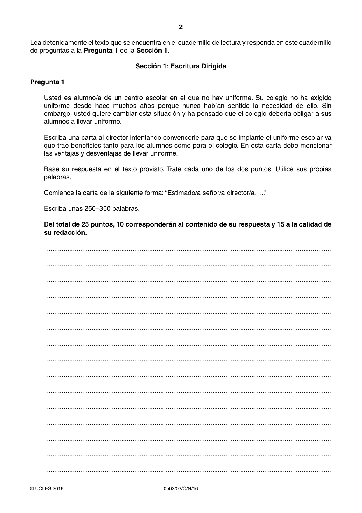 Cambridge IGCSE Spanish - First Language 0502 2016 Oct/Nov Paper 3 · Variant 1 question paper, page 2 of 12