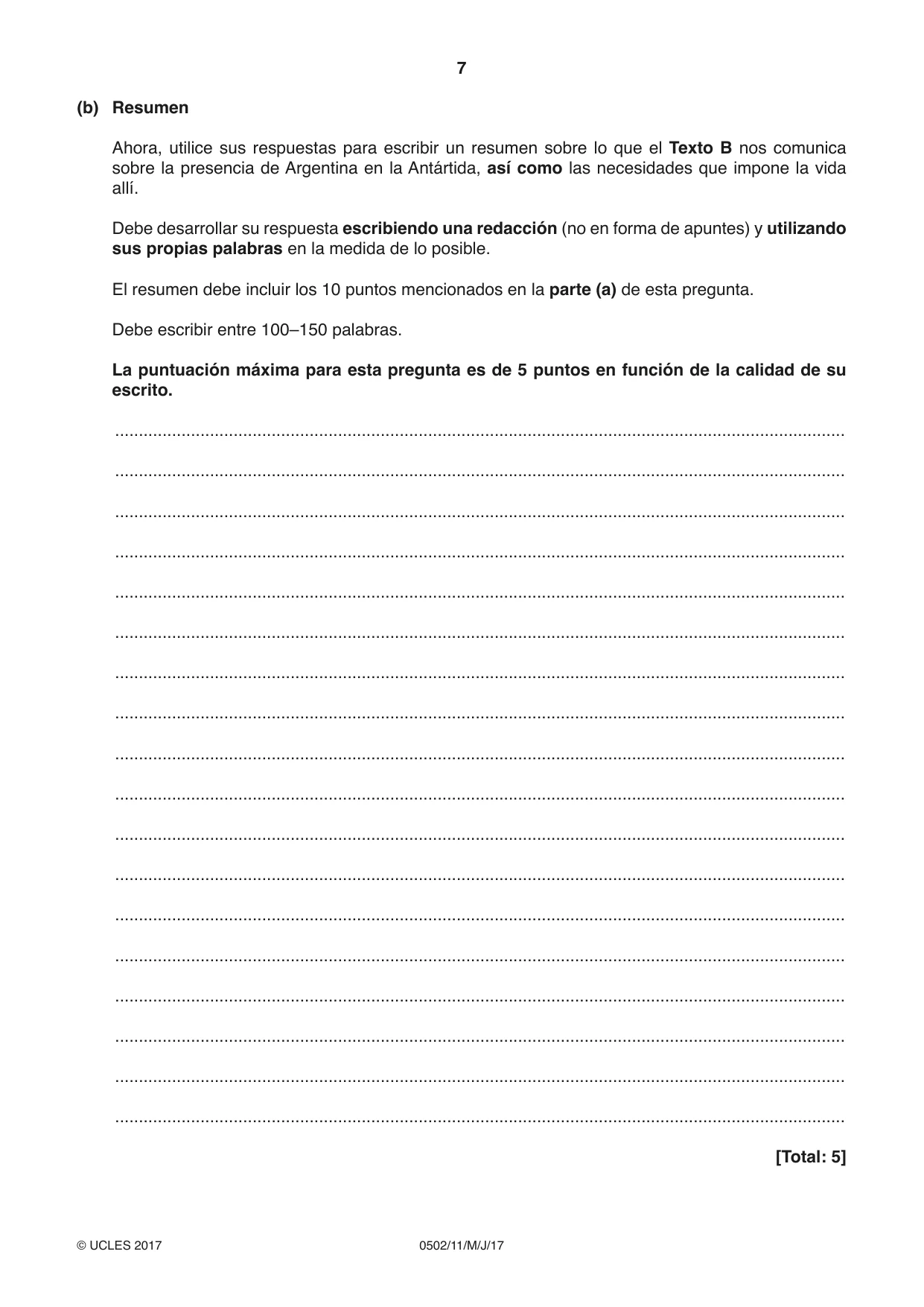 Cambridge IGCSE Spanish - First Language 0502 2017 May/June Paper 1 · Variant 1 question paper, page 7 of 12