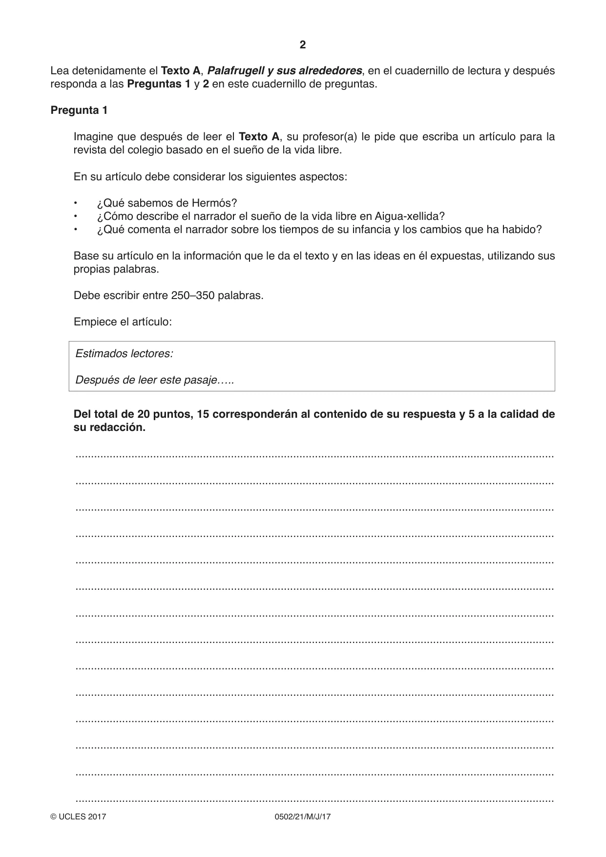 Cambridge IGCSE Spanish - First Language 0502 2017 May/June Paper 2 · Variant 1 question paper, page 2 of 12