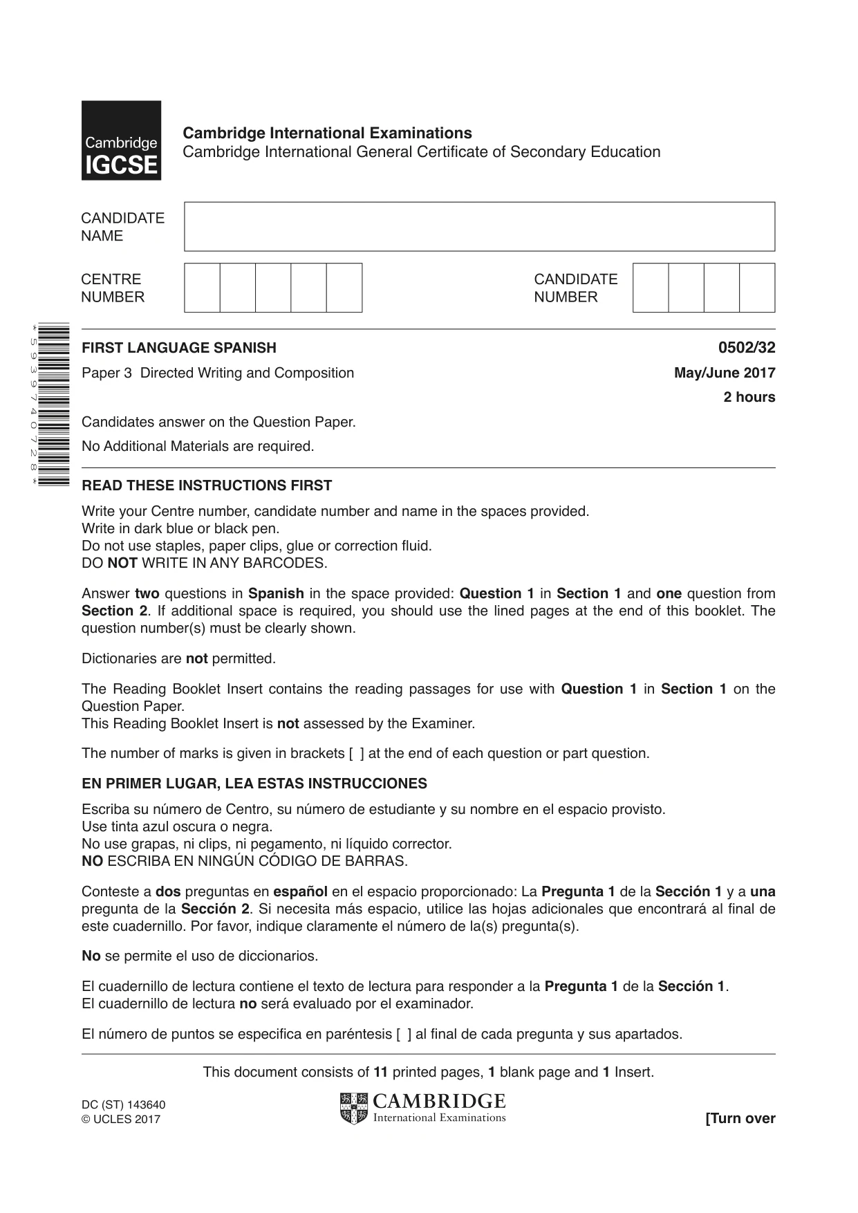 Cambridge IGCSE Spanish - First Language 0502 2017 May/June Paper 3 · Variant 2 question paper, page 1 of 12