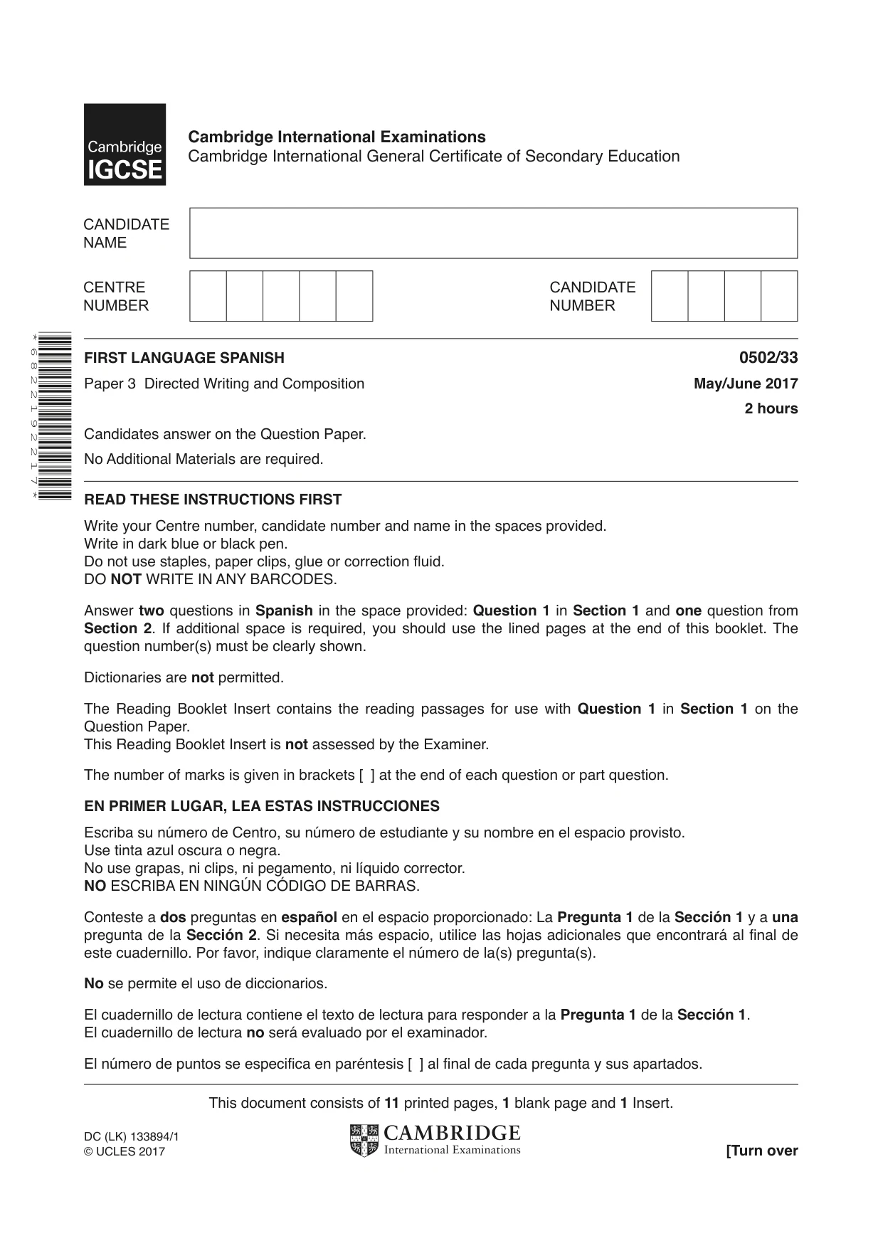 Cambridge IGCSE Spanish - First Language 0502 2017 May/June Paper 3 · Variant 3 question paper, page 1 of 12
