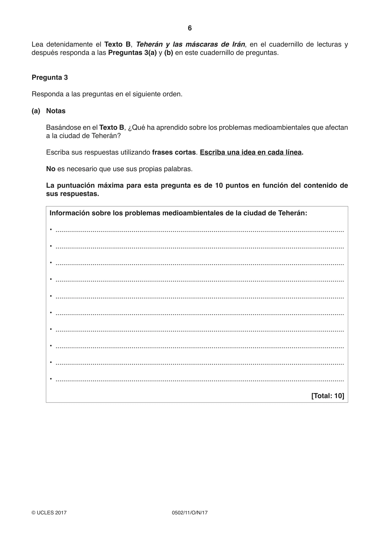 Cambridge IGCSE Spanish - First Language 0502 2017 Oct/Nov Paper 1 · Variant 1 question paper, page 6 of 12