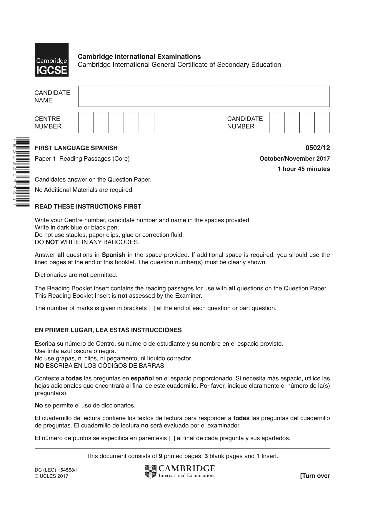 Cambridge IGCSE Spanish - First Language 0502 2017 Oct/Nov Paper 1 · Variant 2 question paper, page 1 of 12
