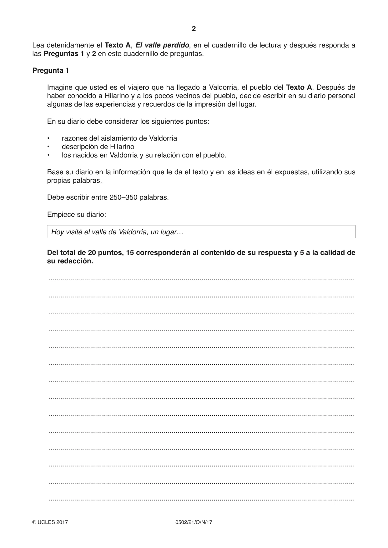 Cambridge IGCSE Spanish - First Language 0502 2017 Oct/Nov Paper 2 · Variant 1 question paper, page 2 of 12