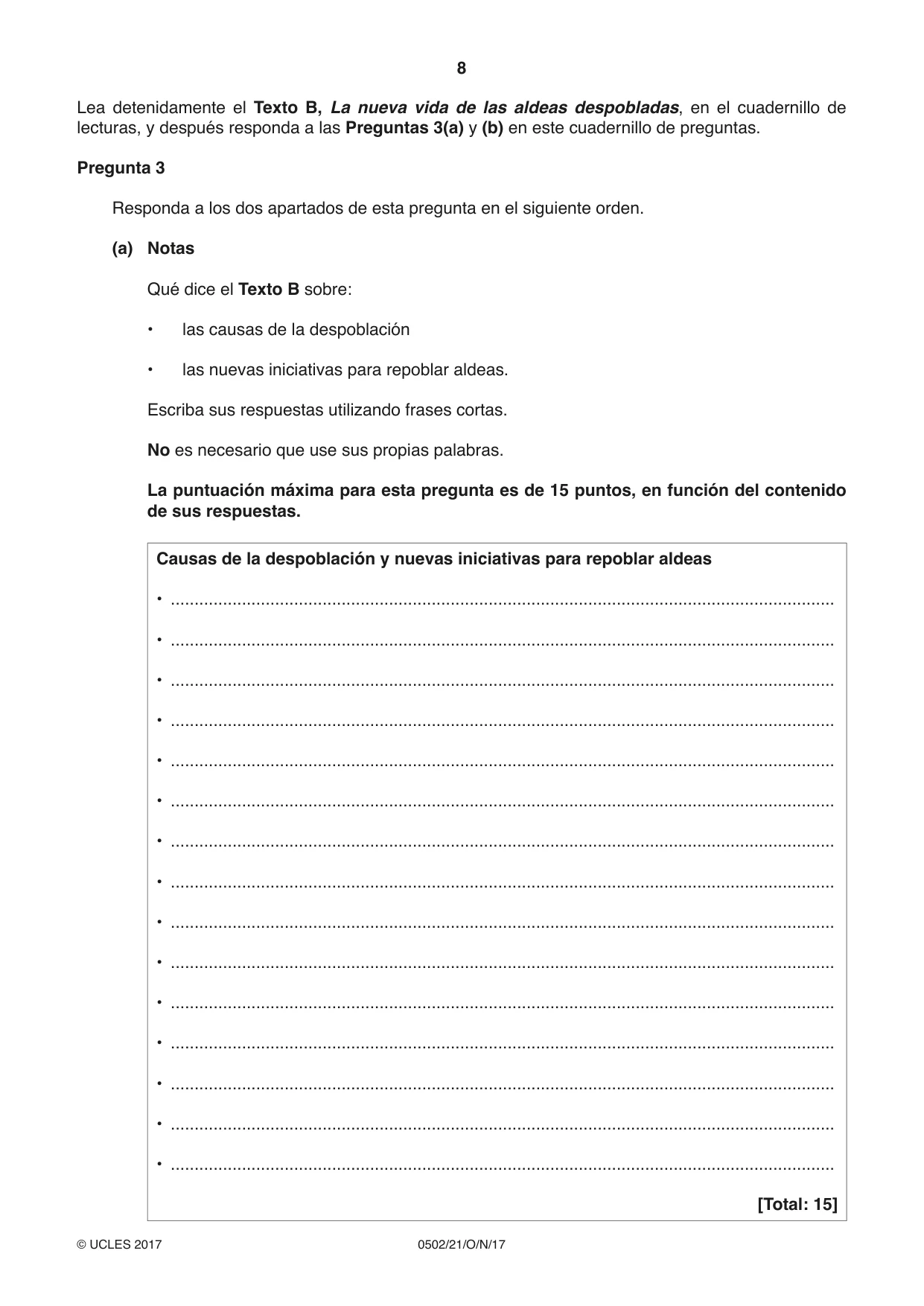 Cambridge IGCSE Spanish - First Language 0502 2017 Oct/Nov Paper 2 · Variant 1 question paper, page 8 of 12