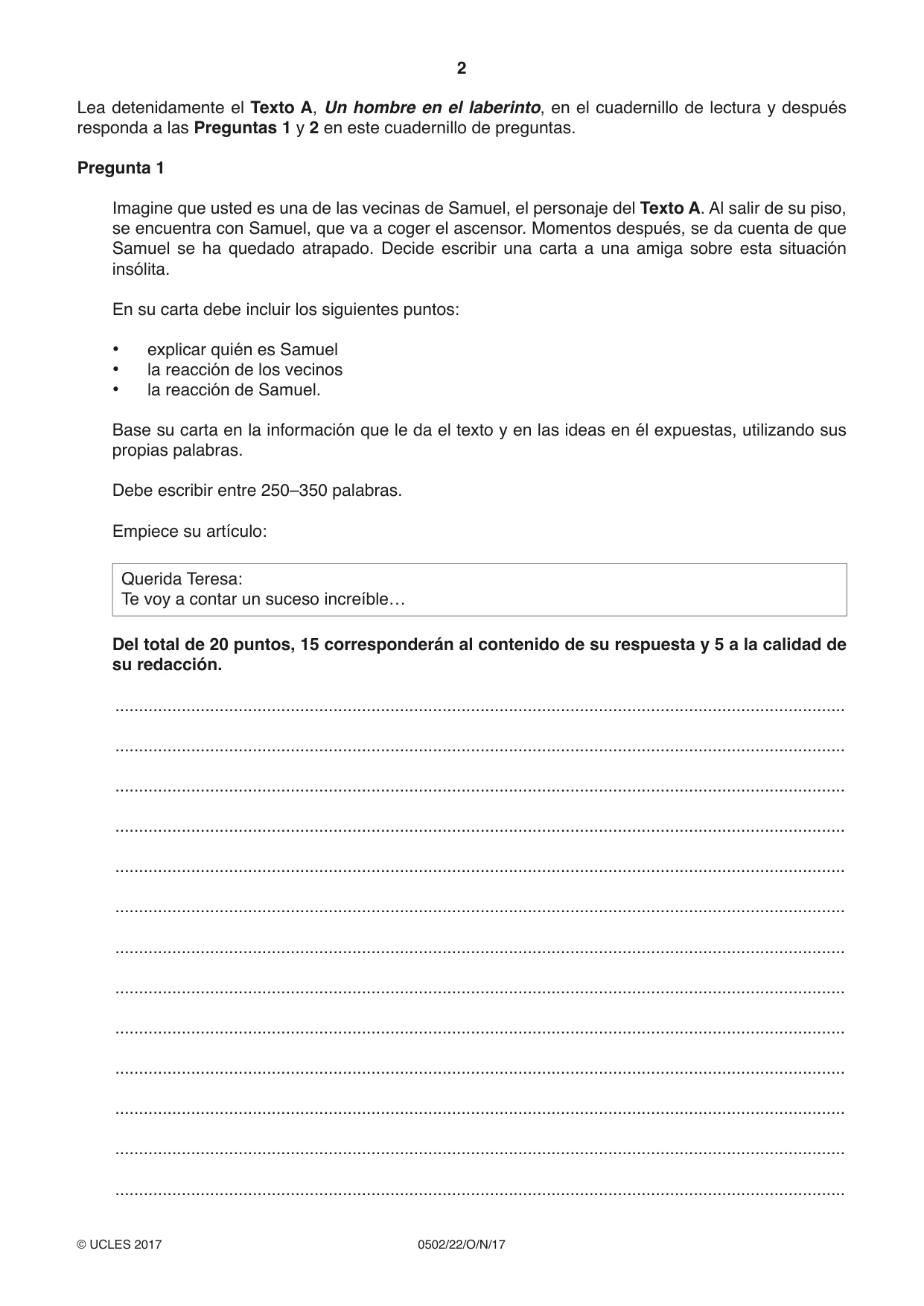 Cambridge IGCSE Spanish - First Language 0502 2017 Oct/Nov Paper 2 · Variant 2 question paper, page 2 of 12