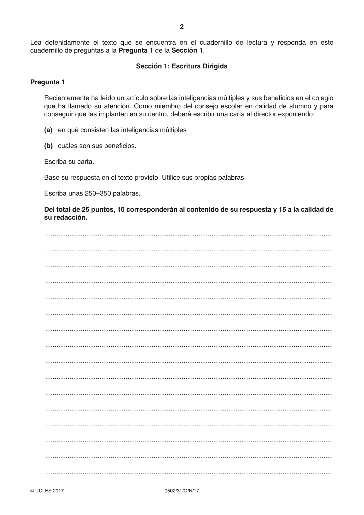 Cambridge IGCSE Spanish - First Language 0502 2017 Oct/Nov Paper 3 · Variant 1 question paper, page 2 of 12