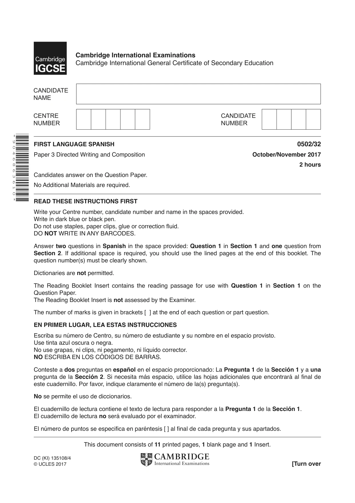 Cambridge IGCSE Spanish - First Language 0502 2017 Oct/Nov Paper 3 · Variant 2 question paper, page 1 of 12
