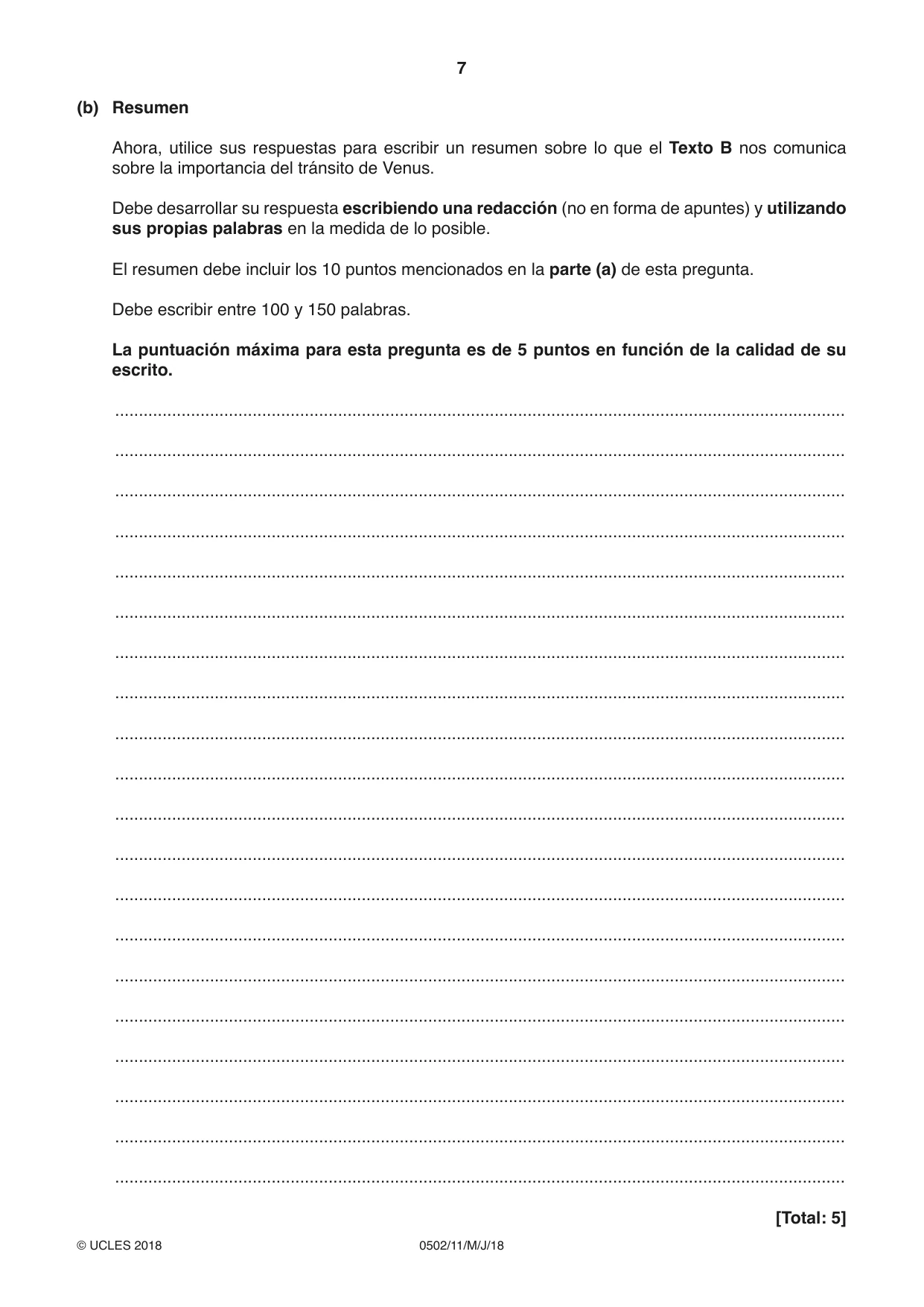 Cambridge IGCSE Spanish - First Language 0502 2018 May/June Paper 1 · Variant 1 question paper, page 7 of 12