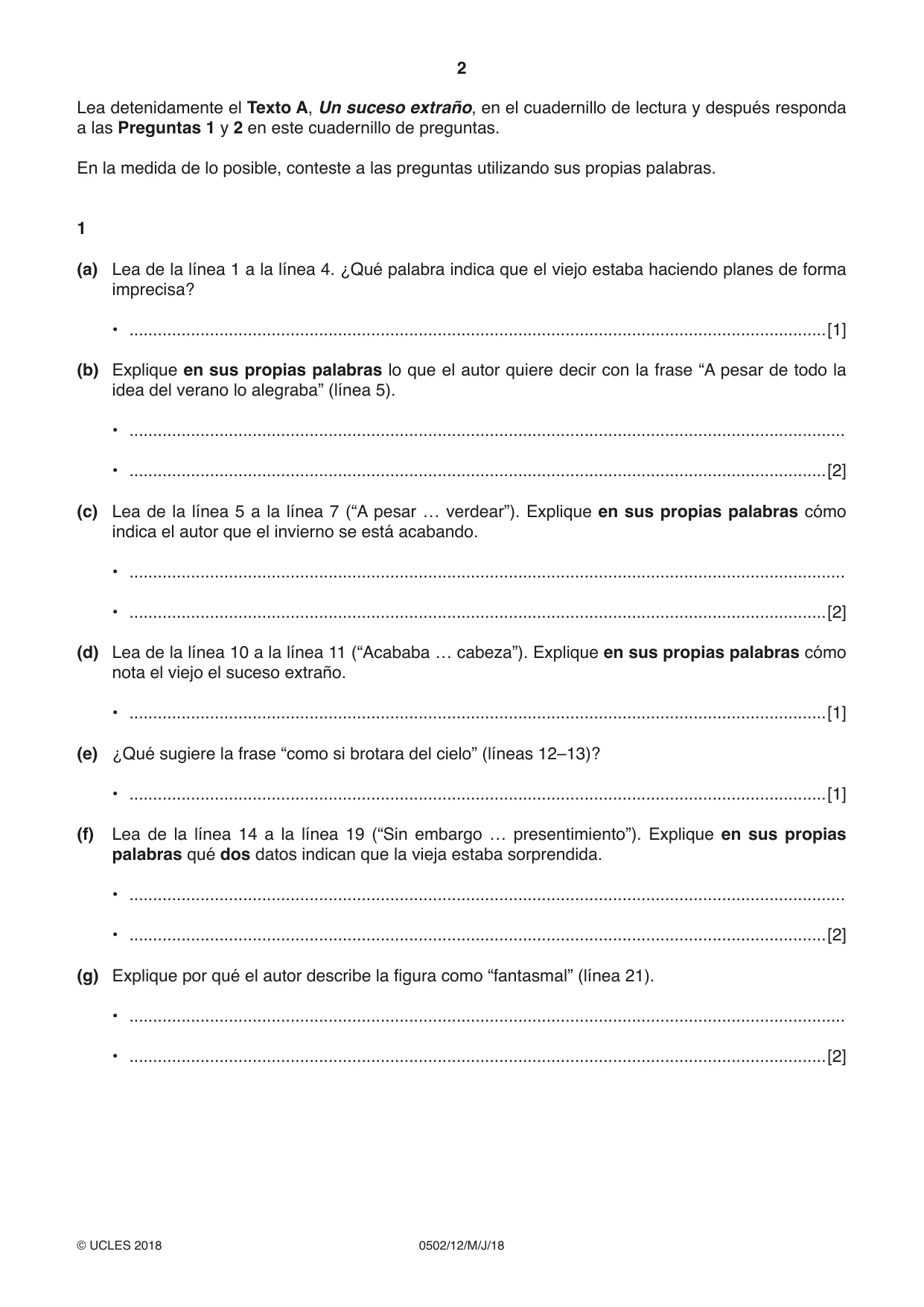 Cambridge IGCSE Spanish - First Language 0502 2018 May/June Paper 1 · Variant 2 question paper, page 2 of 12