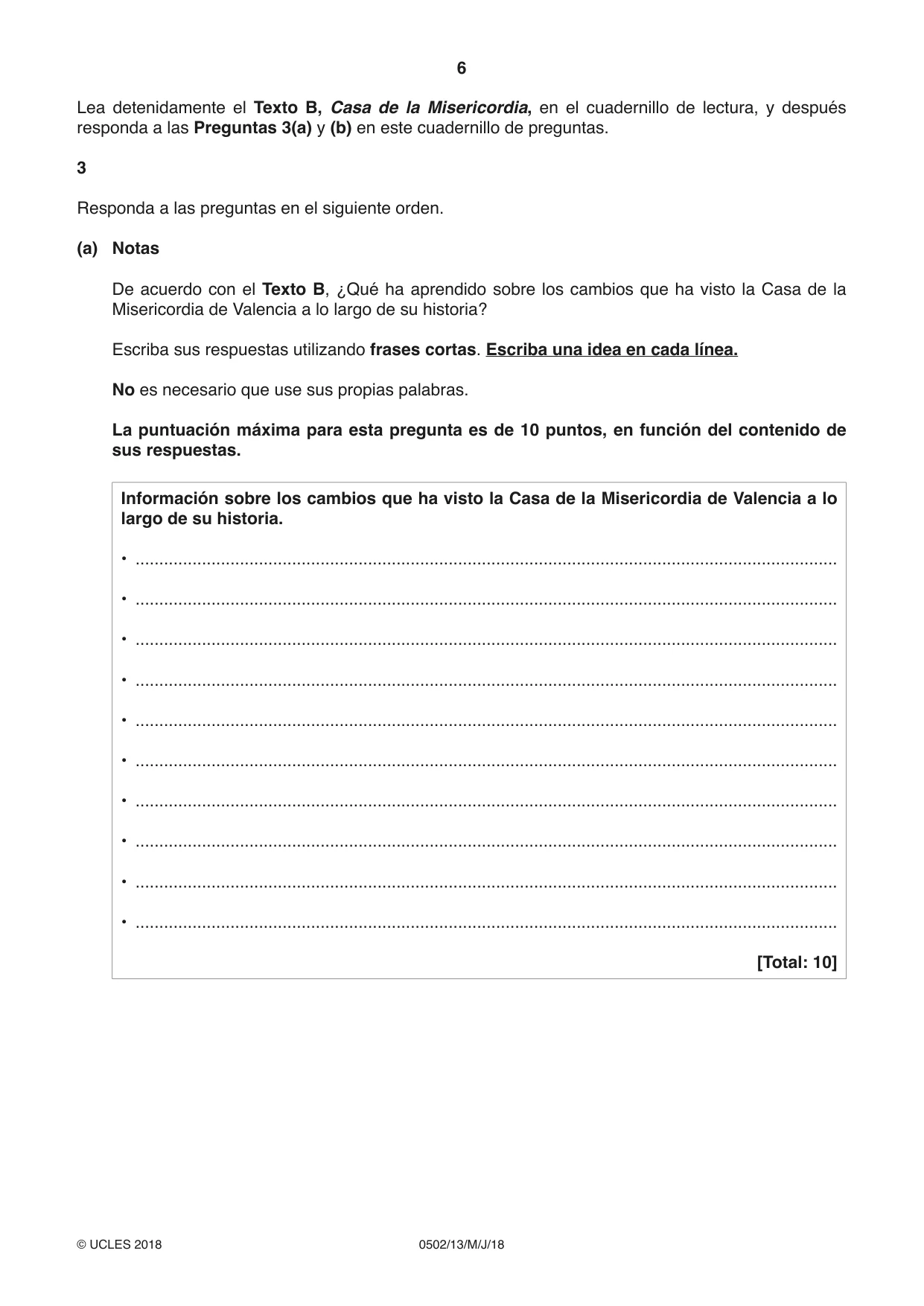 Cambridge IGCSE Spanish - First Language 0502 2018 May/June Paper 1 · Variant 3 question paper, page 6 of 12