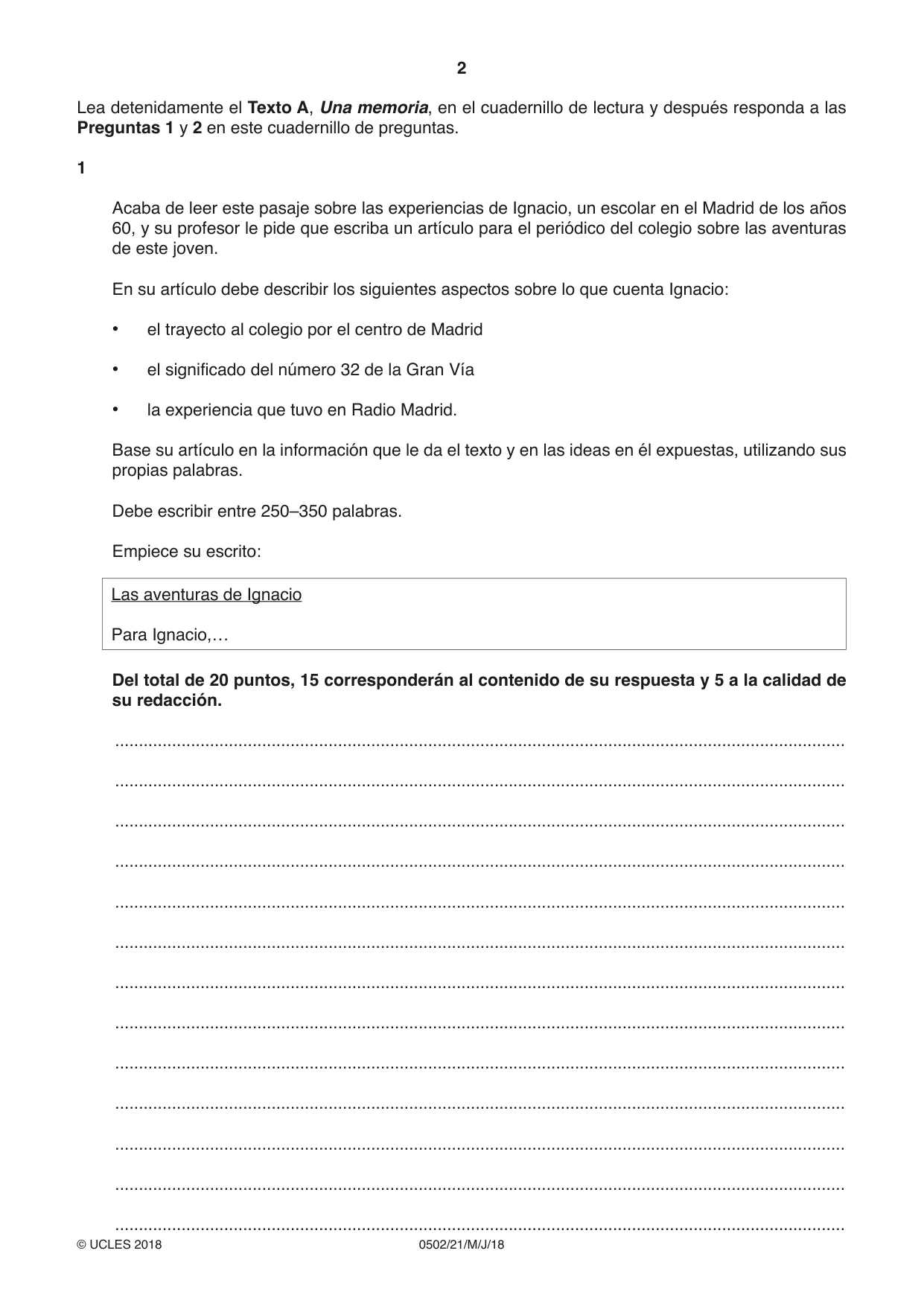 Cambridge IGCSE Spanish - First Language 0502 2018 May/June Paper 2 · Variant 1 question paper, page 2 of 12