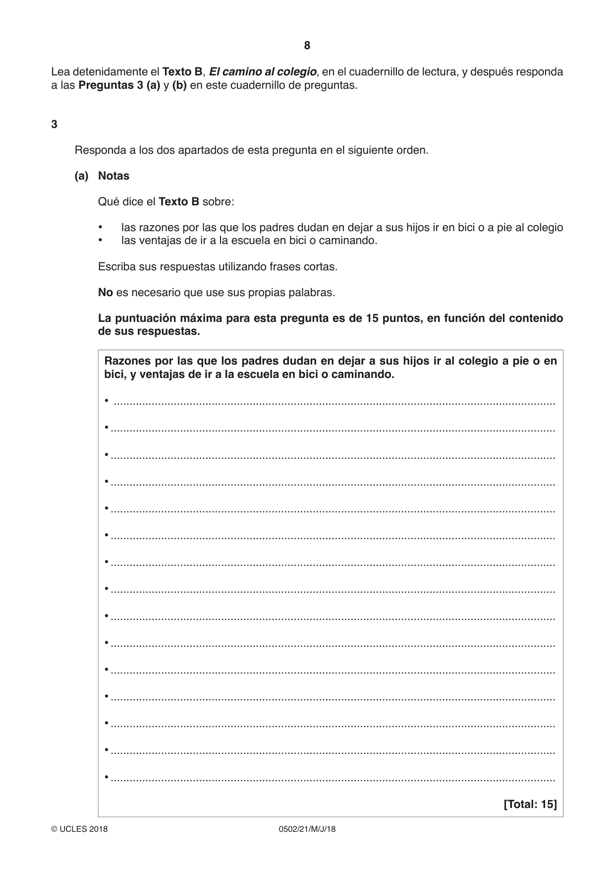 Cambridge IGCSE Spanish - First Language 0502 2018 May/June Paper 2 · Variant 1 question paper, page 8 of 12