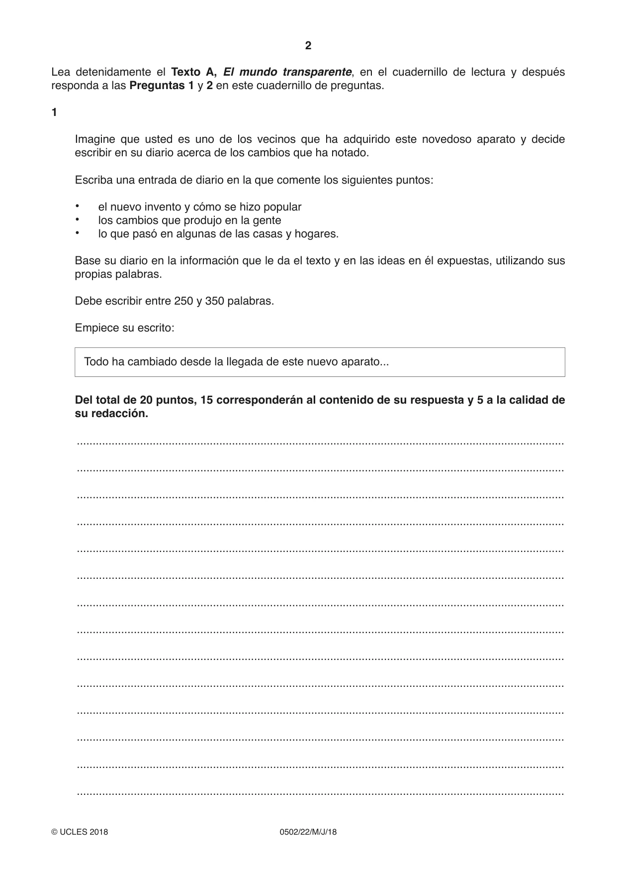 Cambridge IGCSE Spanish - First Language 0502 2018 May/June Paper 2 · Variant 2 question paper, page 2 of 12