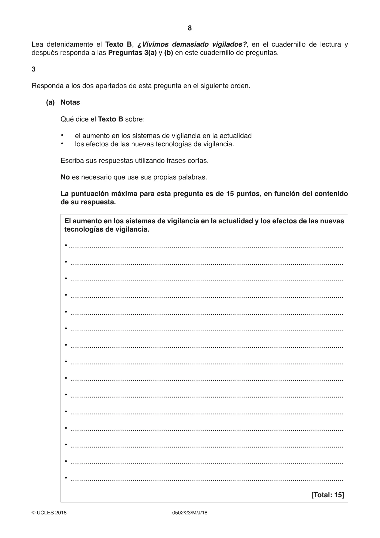 Cambridge IGCSE Spanish - First Language 0502 2018 May/June Paper 2 · Variant 3 question paper, page 8 of 12