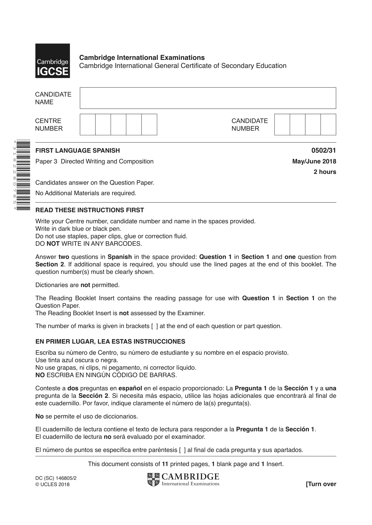Cambridge IGCSE Spanish - First Language 0502 2018 May/June Paper 3 · Variant 1 question paper, page 1 of 12