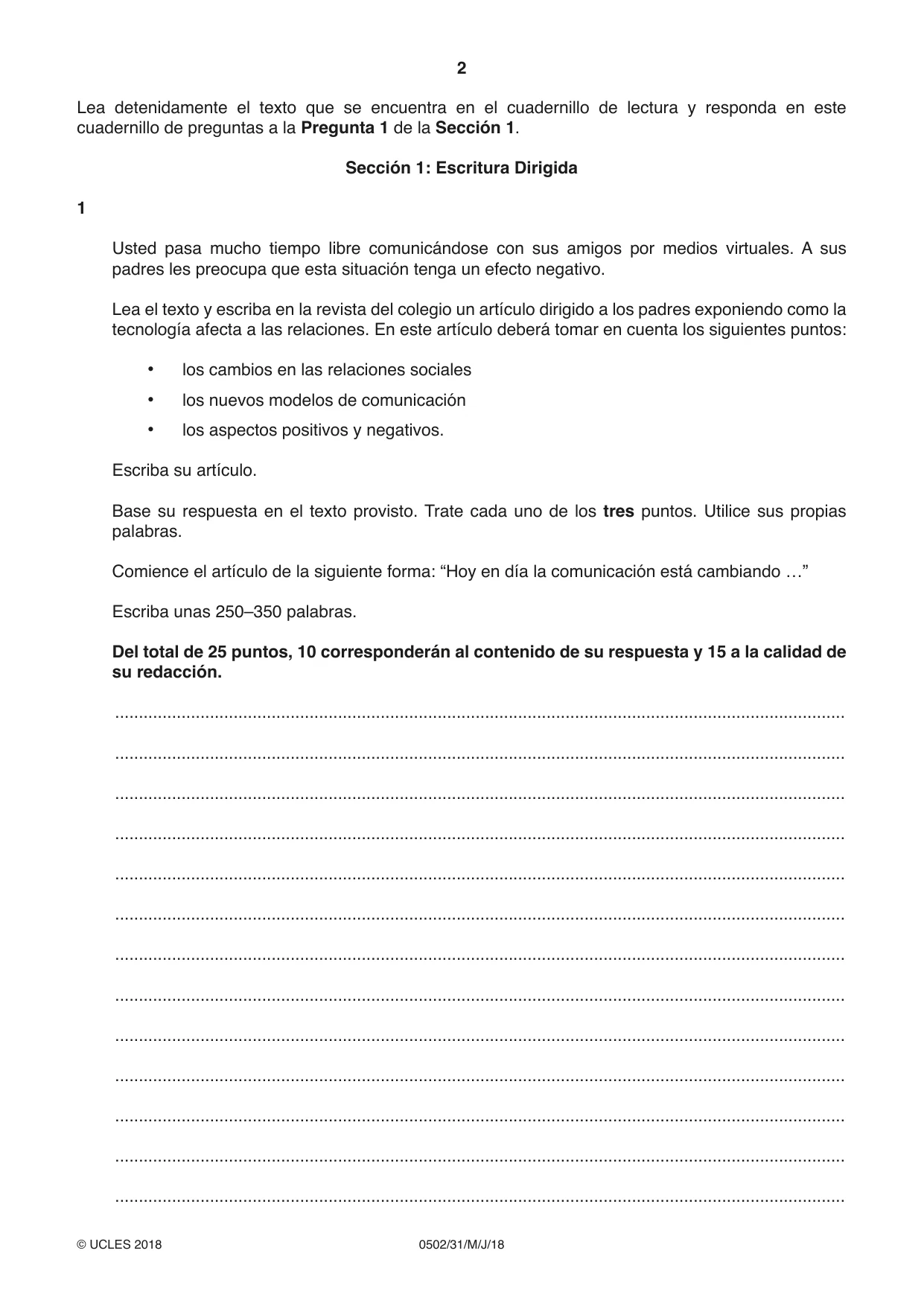 Cambridge IGCSE Spanish - First Language 0502 2018 May/June Paper 3 · Variant 1 question paper, page 2 of 12