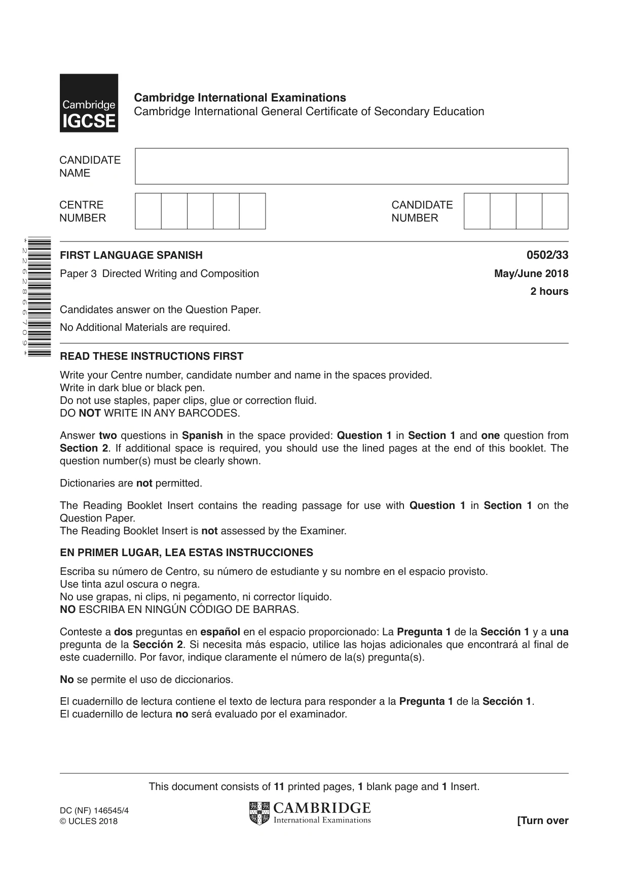 Cambridge IGCSE Spanish - First Language 0502 2018 May/June Paper 3 · Variant 3 question paper, page 1 of 12